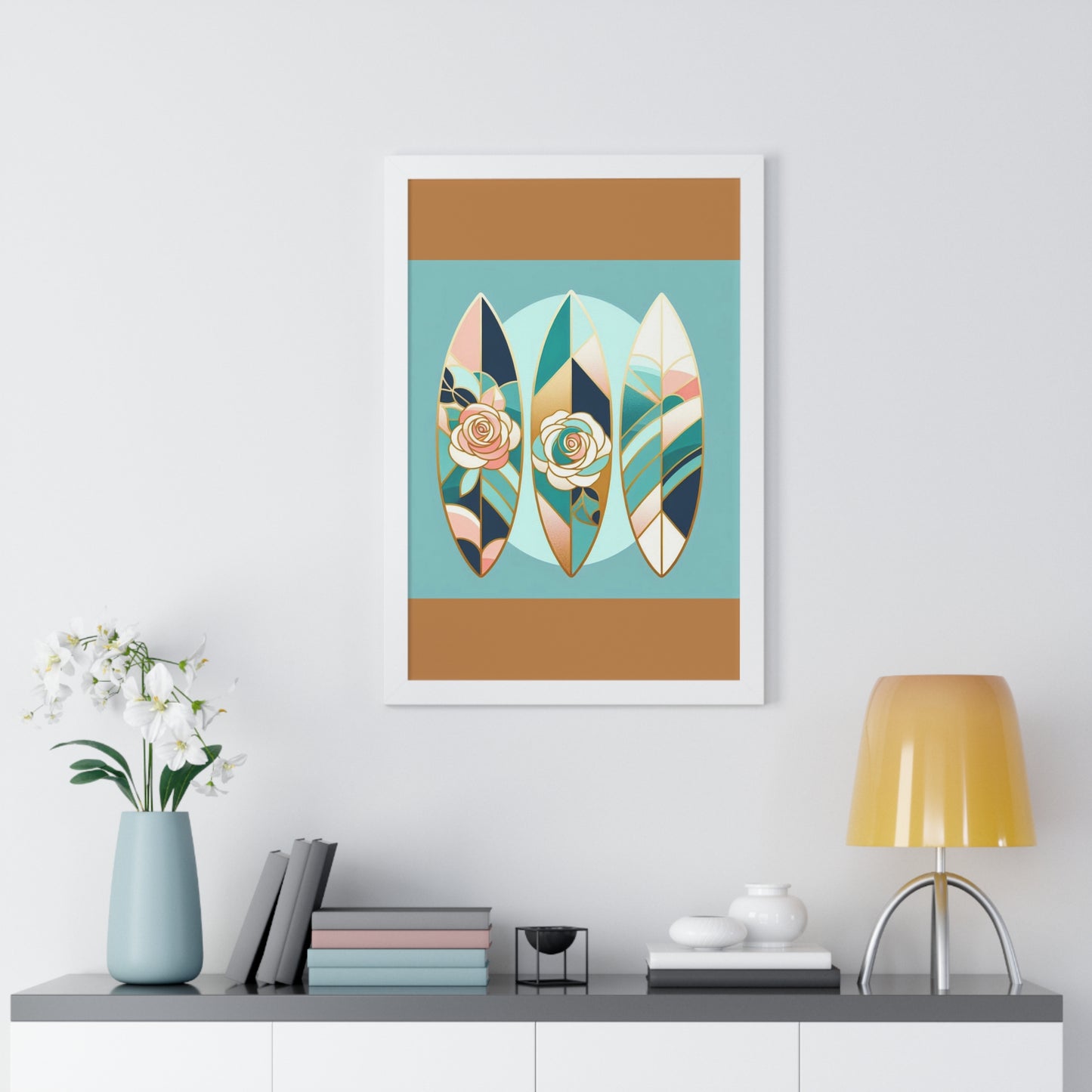 Vertical Poster - Blue, Pink & Aqua Surfboard & Roses Wall Art