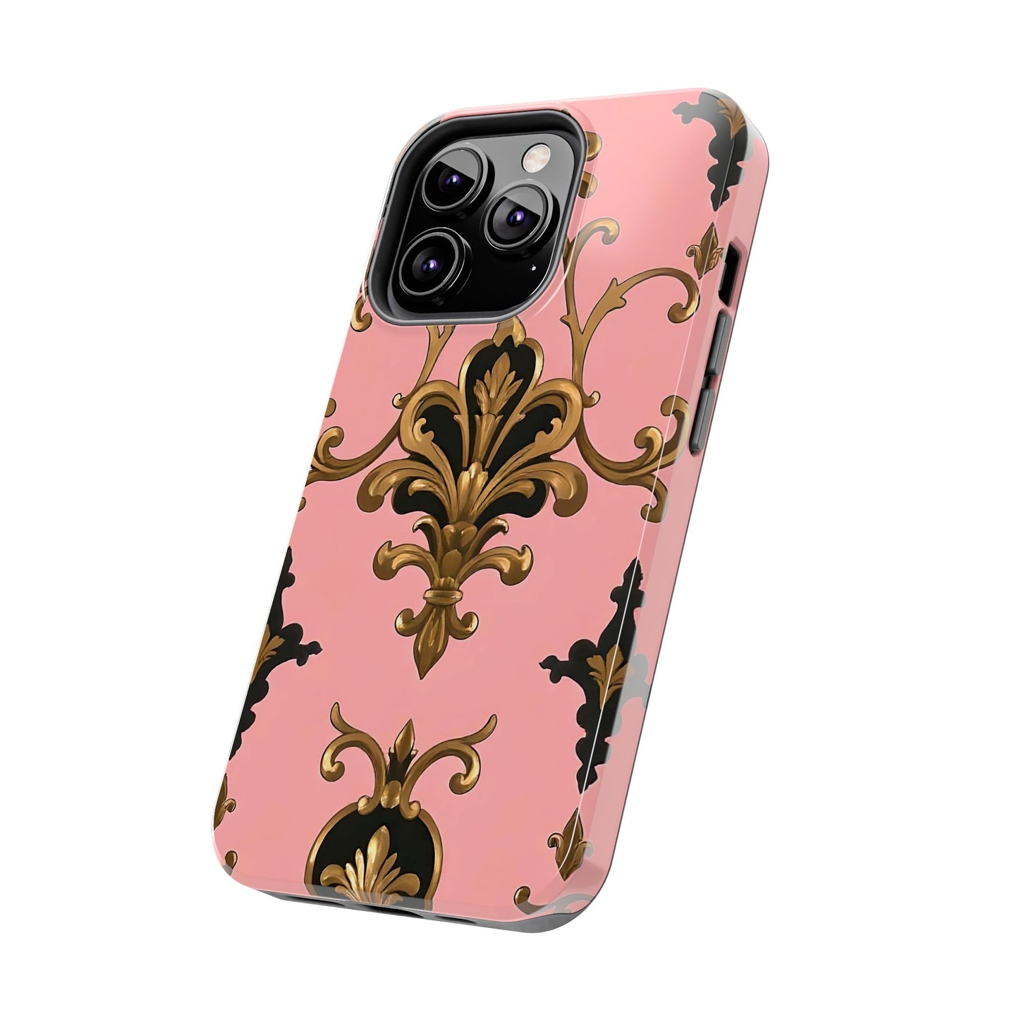 Chic Tough Phone Cases with Floral Design, Elegant Phone Cover, Durable Smartphone Case, Stylish Tech Accessory - Pink, Black & Gold Rococo