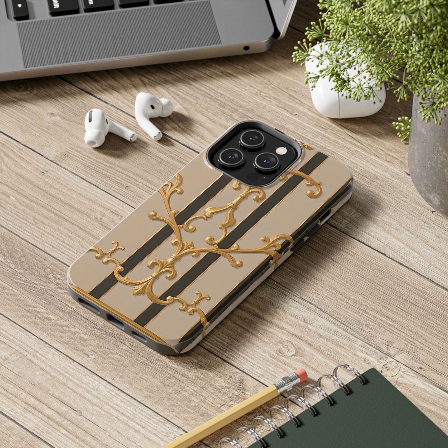 Elegant Vintage Tough Phone Case, Stylish Phone Cover, Boho Accessories, Perfect Gift for Her - Beige Striped Gold Rococo