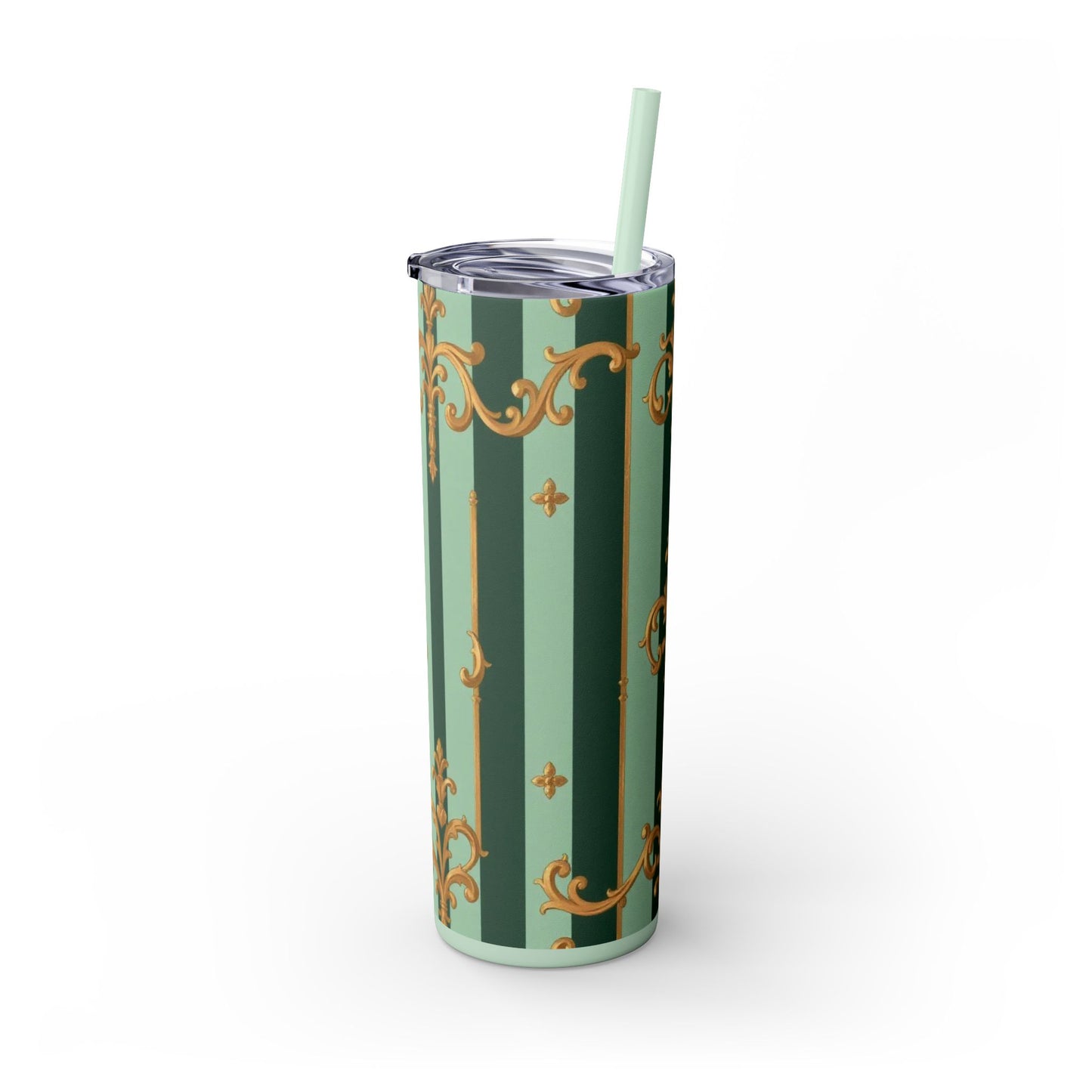 Elegant Floral Skinny Tumbler with Straw, 20oz – Stylish Travel Mug, Eco-Friendly Reusable Cup - Mint Green & Teal Striped Gold Baroque