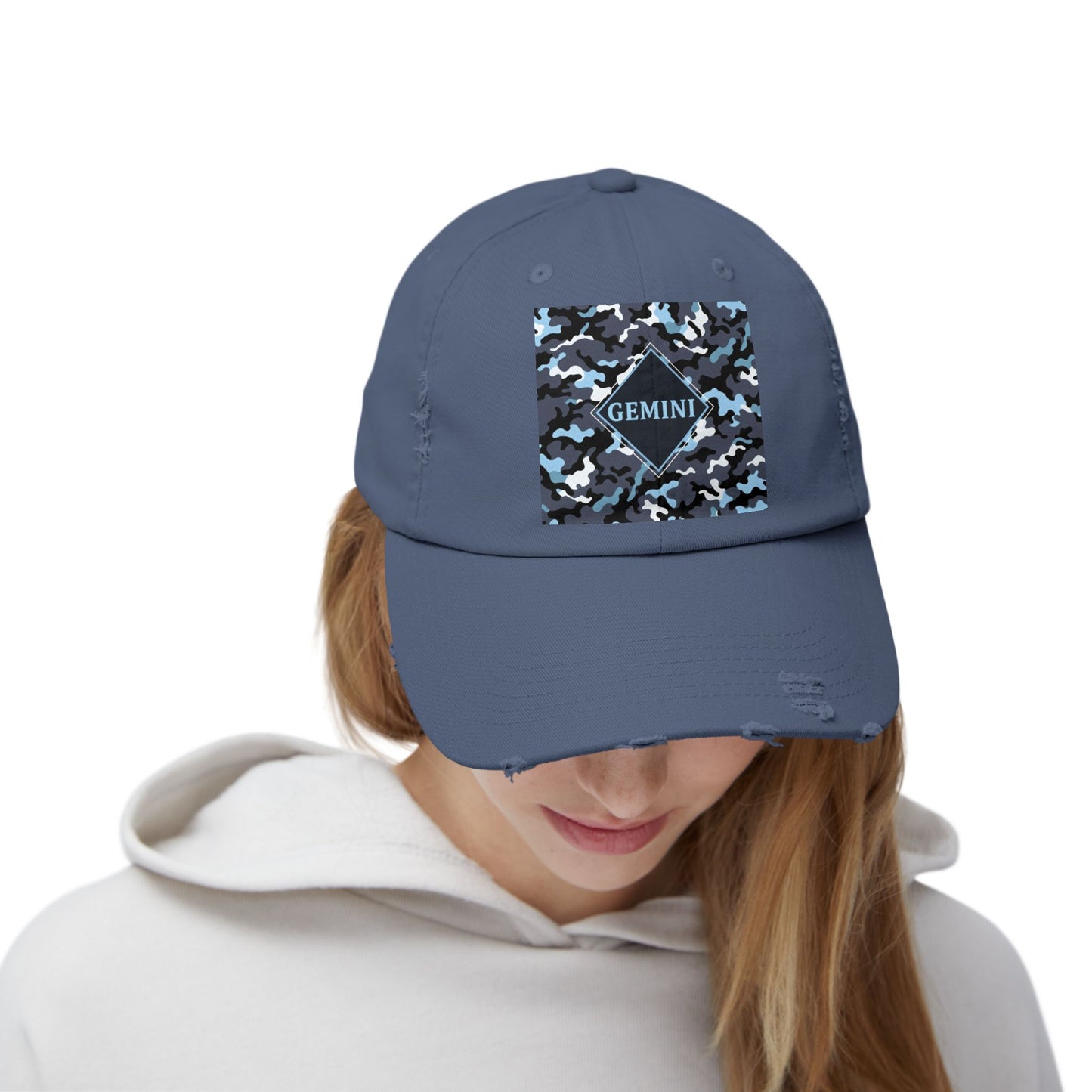 Gemini Distressed Cap - Unisex Camo Design - Black, Grey & Ice Blue