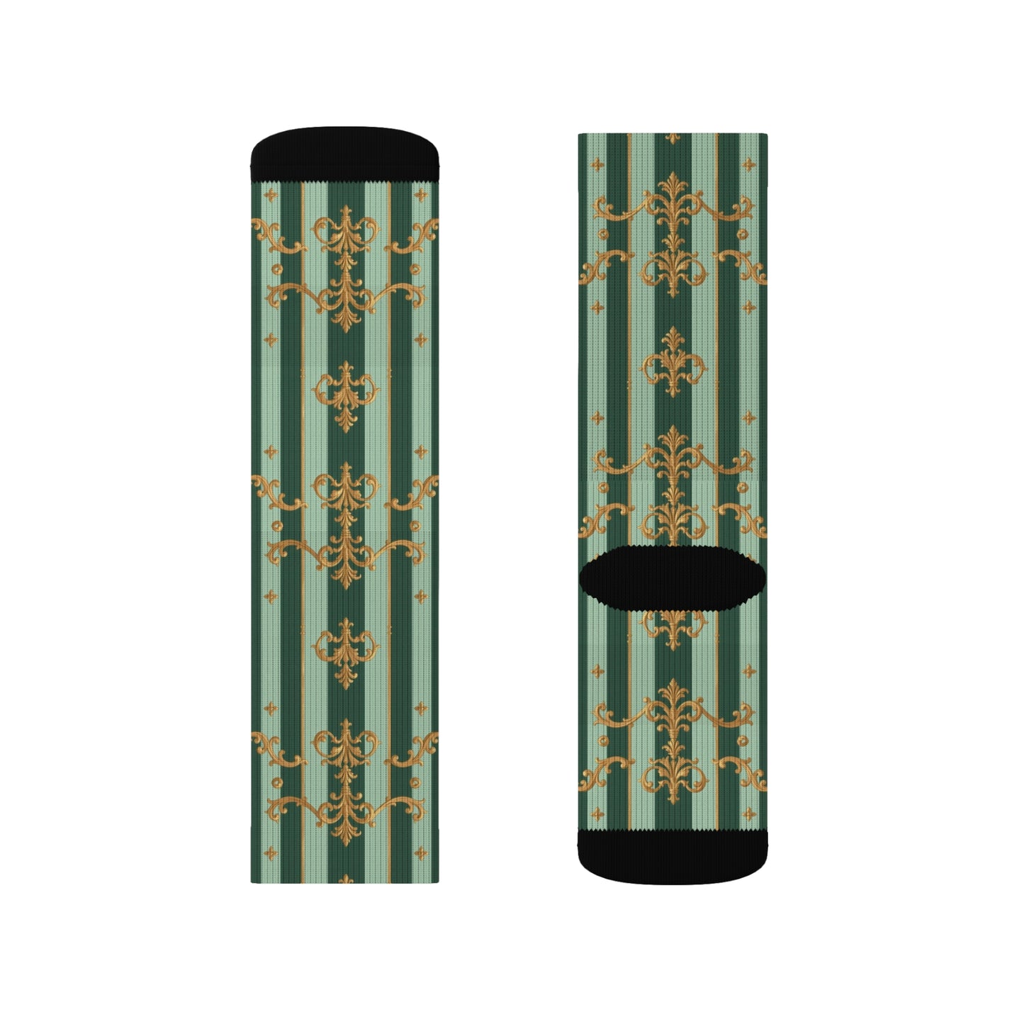 Chic Sublimation Socks for Everyday Comfort, Unique Fashion Socks, Gift for Him/Her, Stylish Casual Wear - Mint Green & Teal Striped Gold Baroque