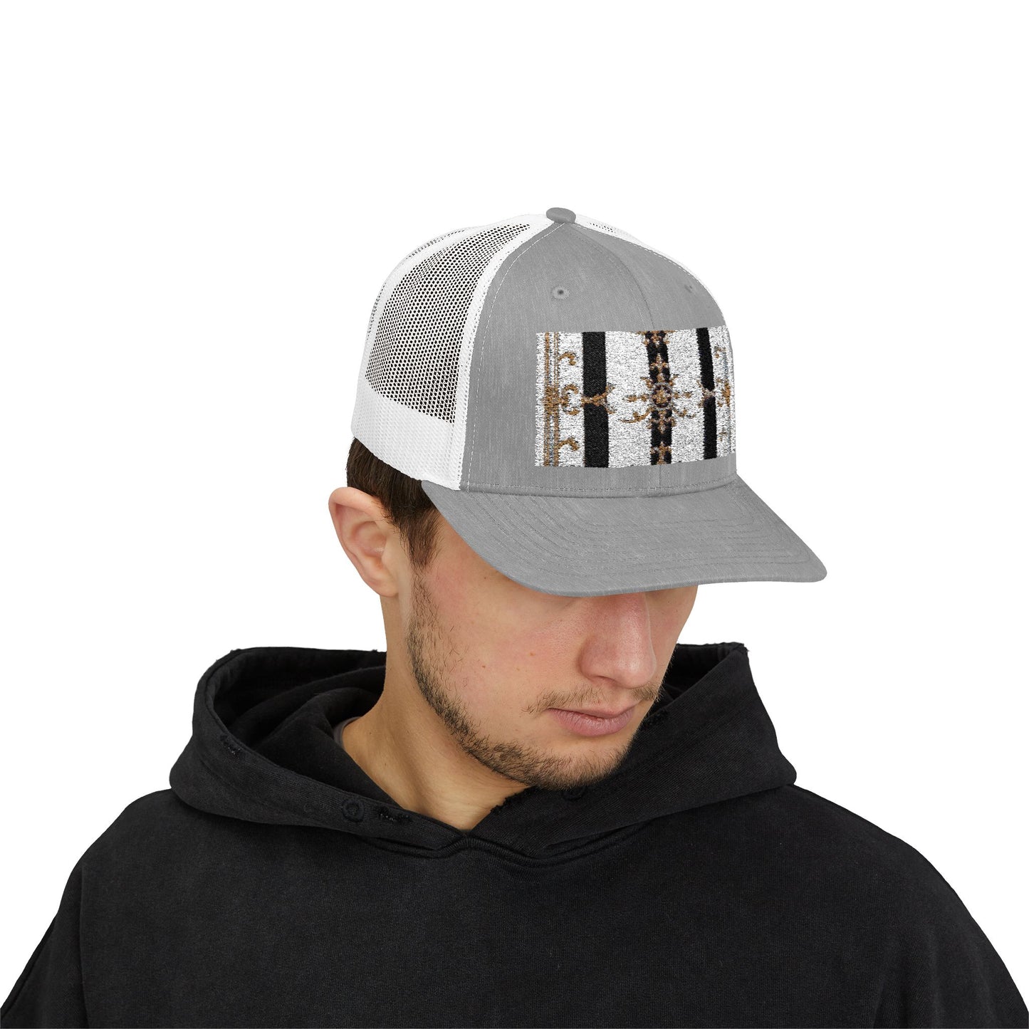 Trendy Snapback Trucker Cap, Casual Fashion Hat, Summer Accessory, Gift Idea for Cool Teens, Outdoor Activities - Black & White Striped Gold Baroque