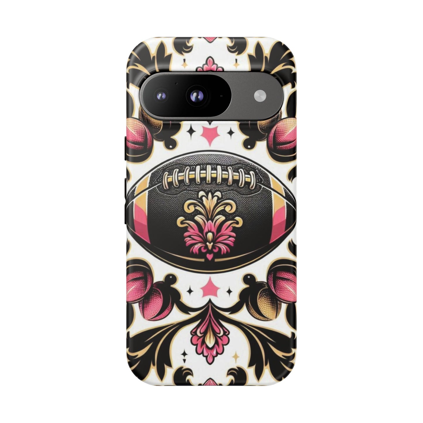 Elegant Floral Motif Phone Case - Tough Cases with Vintage Design - Damask White, Pink Gold & Black Football