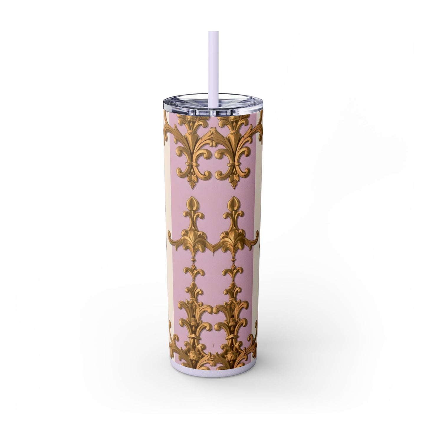 Elegant Pink Tumbler, Gold Patterned Travel Cup, Insulated Drink Holder, Stylish Coffee Tumbler - Lilac & Alabaster Striped Gold Baroque