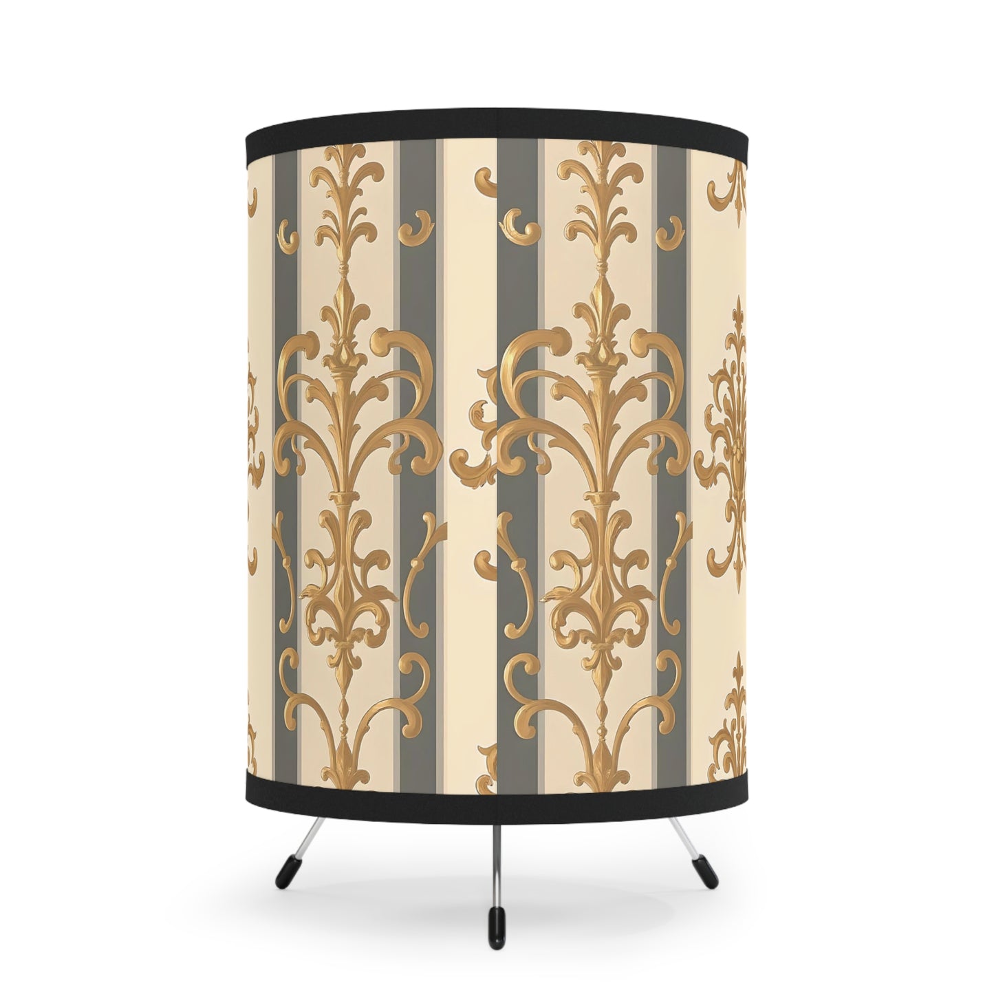 Elegant Tripod Lamp with Vintage Floral Print Shade - High-Res Home Accent - Dusk Olive Striped Gold Damask