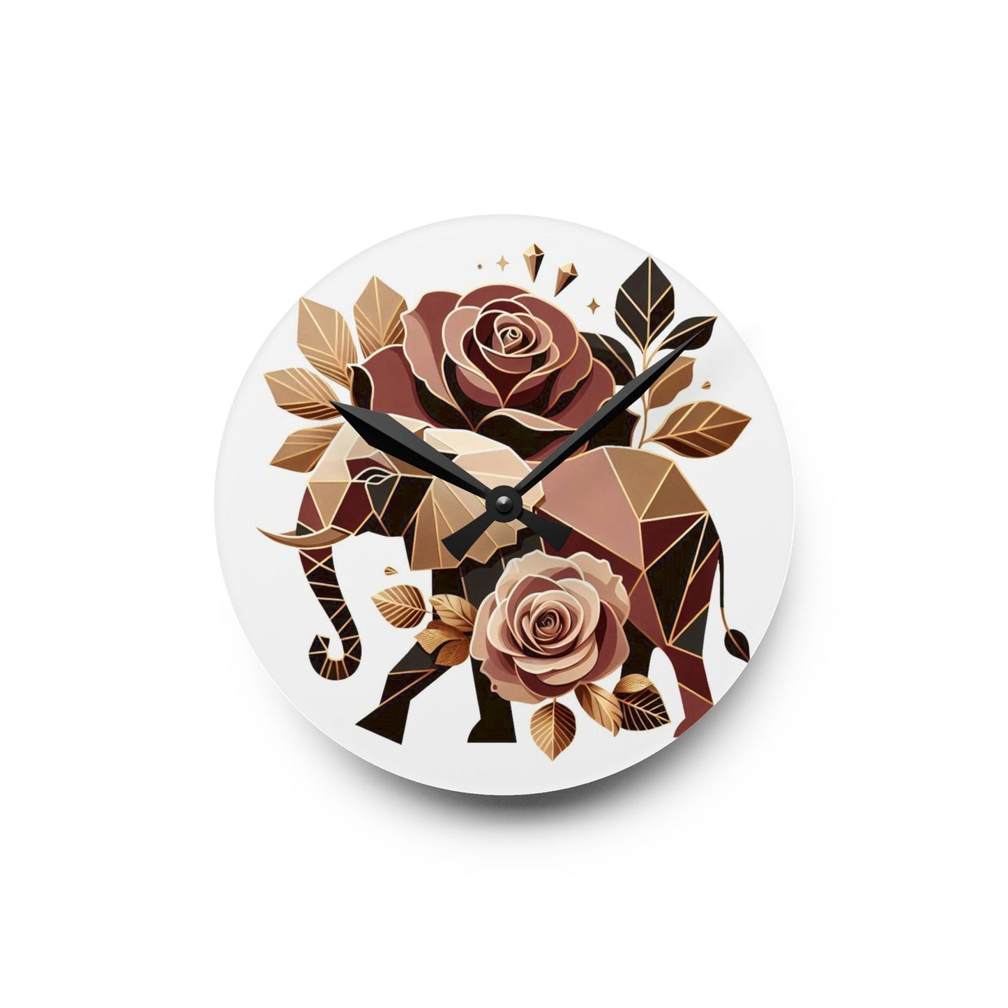 Bohemian Elephant-Inspired Acrylic Wall Clock with Floral Design - Brown & Gold Elephant & Roses Design