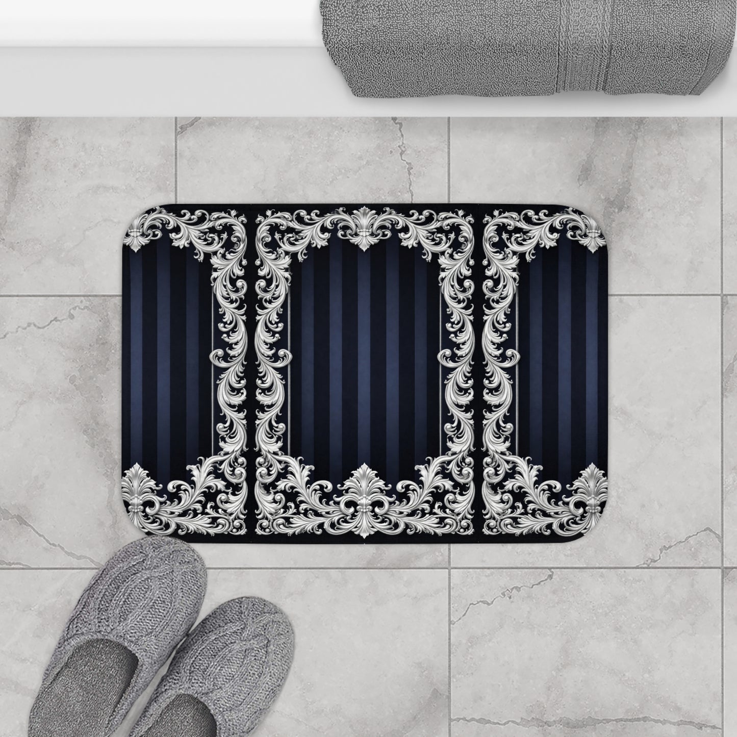 Elegant Navy Stripes & Baroque Bath Mat — Navy & Silver Ornate Bathroom Rug