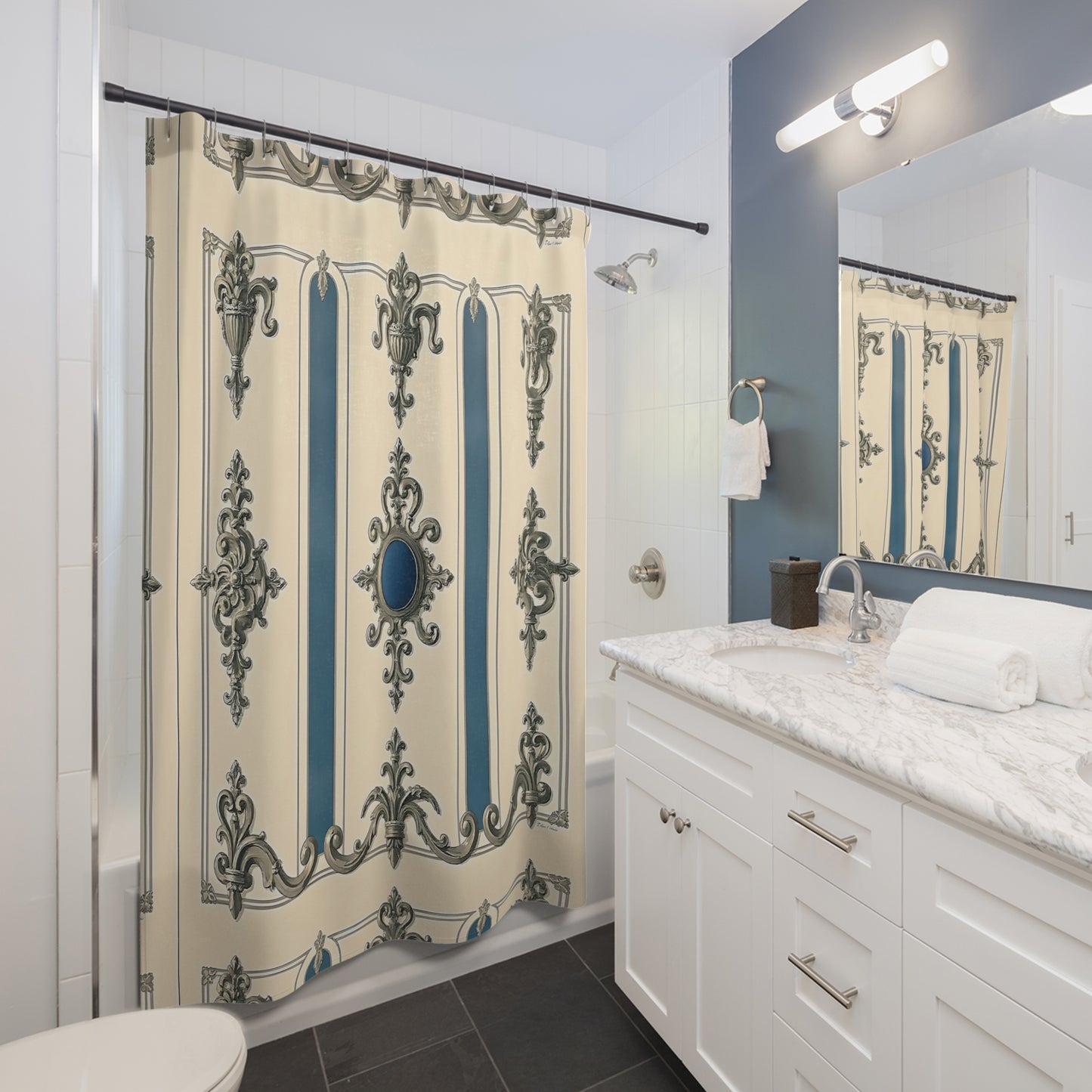 Elegant Vintage Shower Curtain - Classic Blue & Cream Design - Alabaster & Ocean Blue Baroque