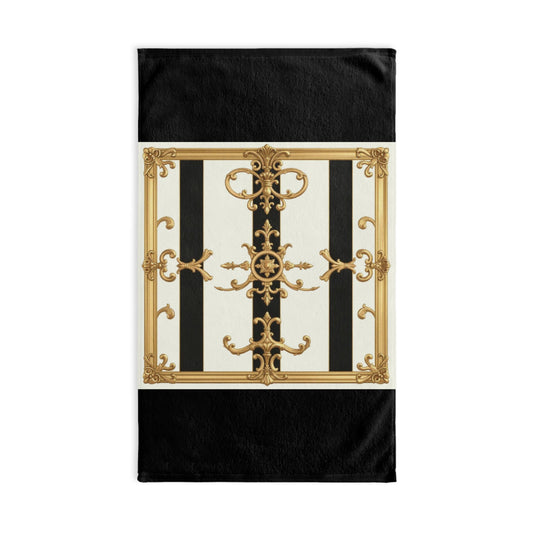 Elegant Decorative Hand Towel, Luxurious Bathroom Accessory, Unique Kitchen Towel, Vintage Style Gift - Black & White Striped Gold Baroque