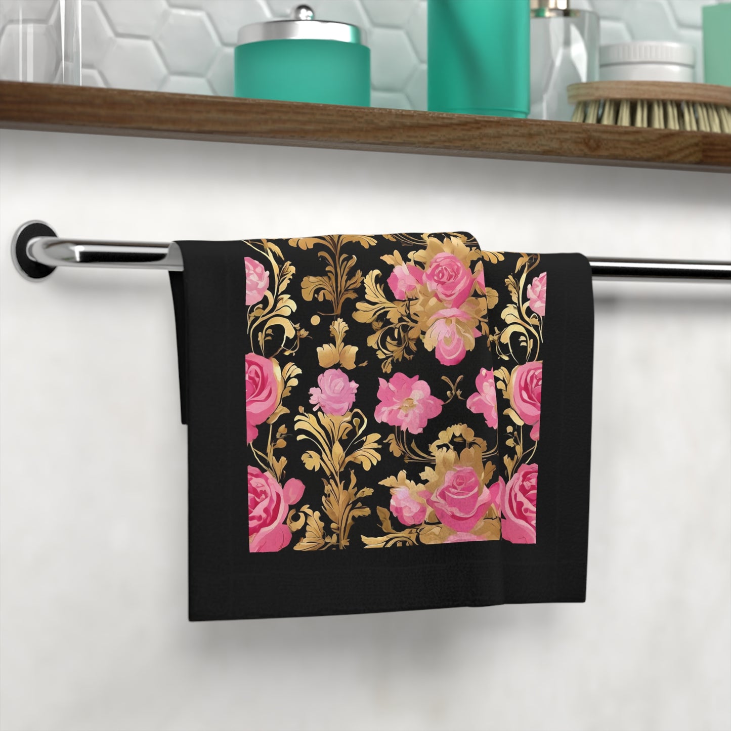 Elegant Vintage Face Towel – Luxurious Gold Pattern for Home & Spa - Pink & Gold Roses