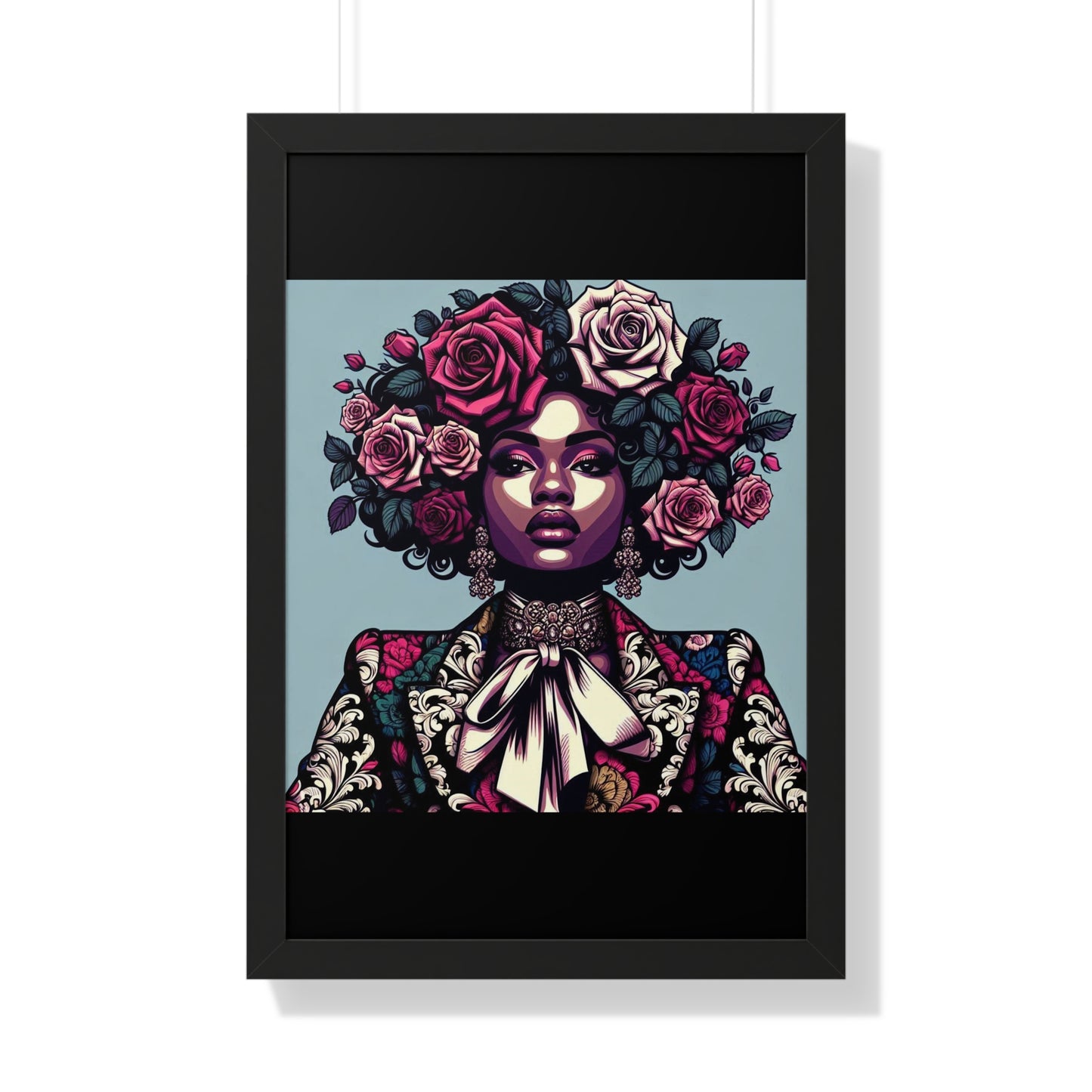 Vertical Poster -  Lady In Damask Suit & Roses Wall Art