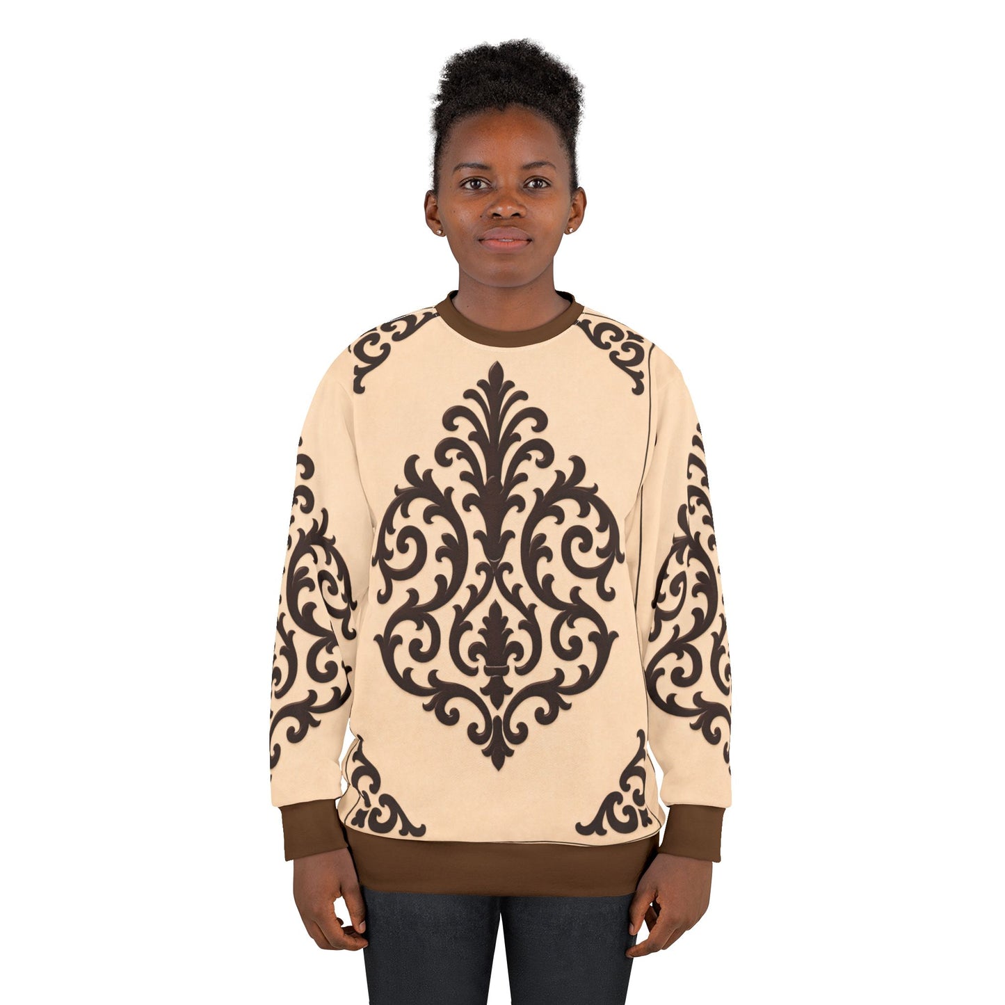 Almond-Beige & Brown Baroque Sweatshirt – Vintage Scroll All-Over Print Crewneck