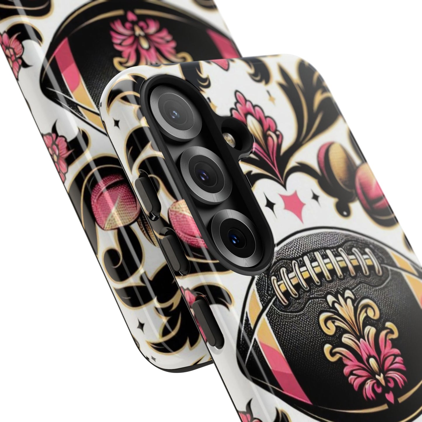 Elegant Floral Motif Phone Case - Tough Cases with Vintage Design - Damask White, Pink Gold & Black Football