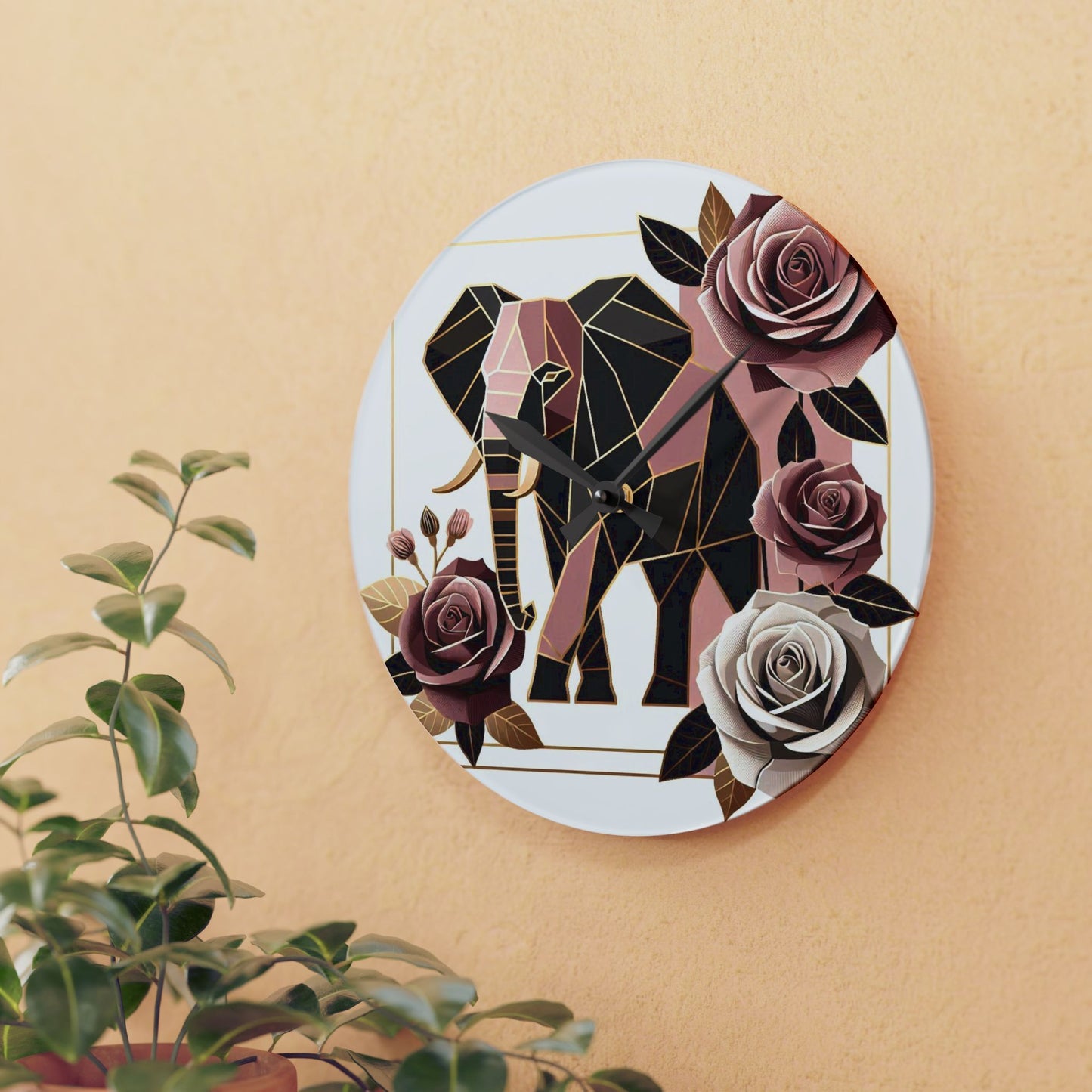 Bohemian Elephant-Inspired Acrylic Wall Clock with Floral Design - Brown & Mauve Elephant & Roses Design