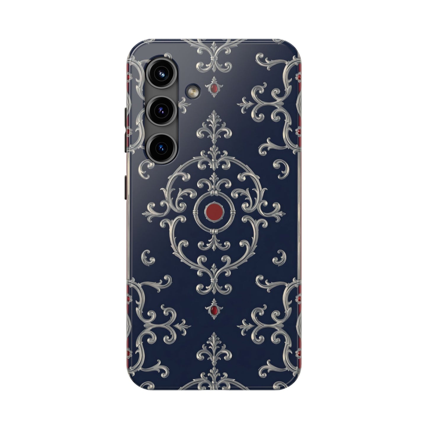 Elegant Patterned Tough Phone Cases for Stylish Protection, Gift for Her, Unique Accessories - Blue & Red Striped Silver Baroque