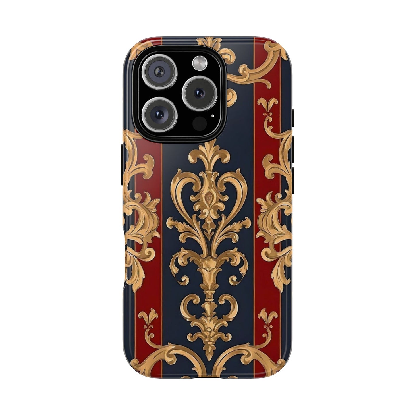 Elegant Floral Motif Phone Case - Tough Cases with Vintage Design - Midnight Blue & Dusk Red Striped Gold Damask