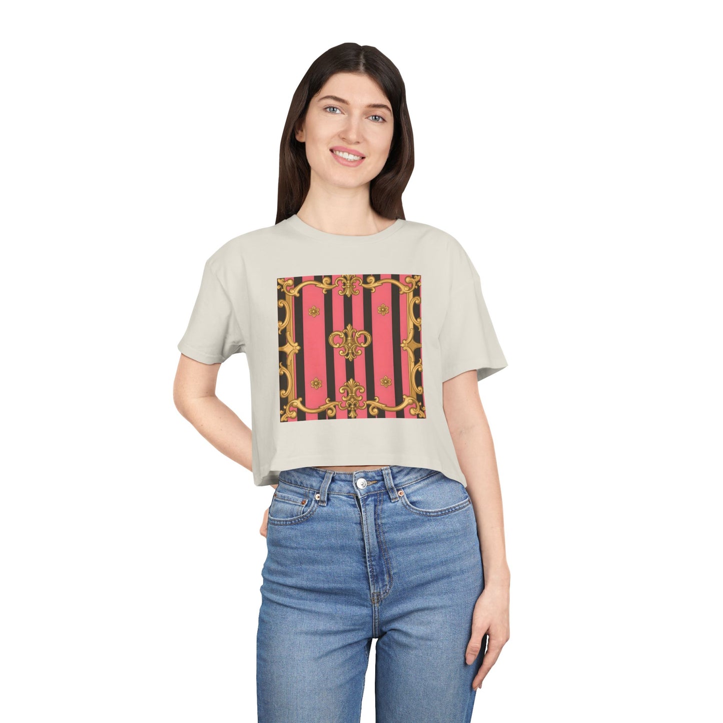 Chic Vintage-Inspired Women's Crop Tee, Stylish Summer Top, Trendy Fashion Tee, Baroque Casual Wear - Pink & Black Striped Gold Baroque