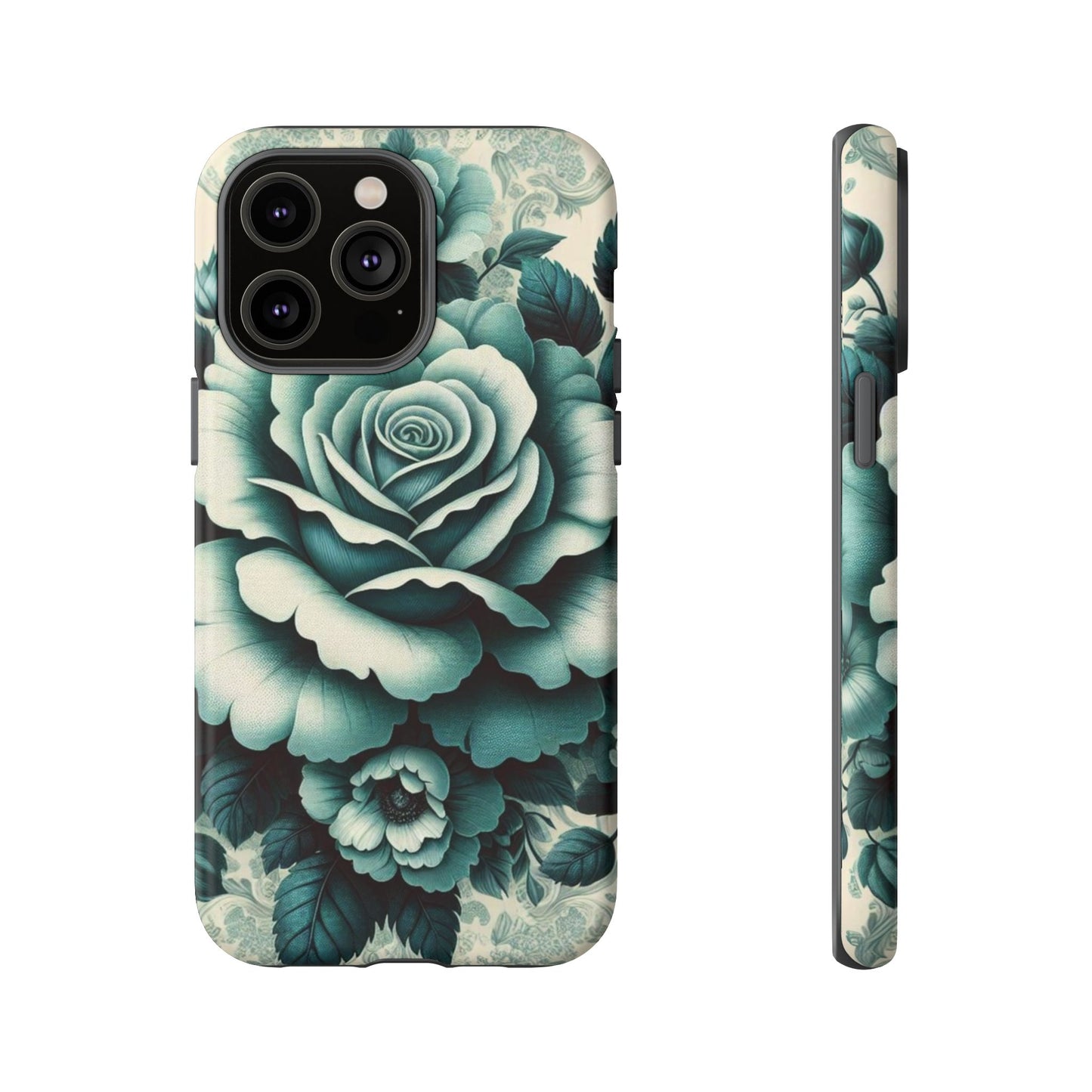 Elegant Floral Motif Phone Case - Tough Cases with Vintage Design - Teal Roses & Damask