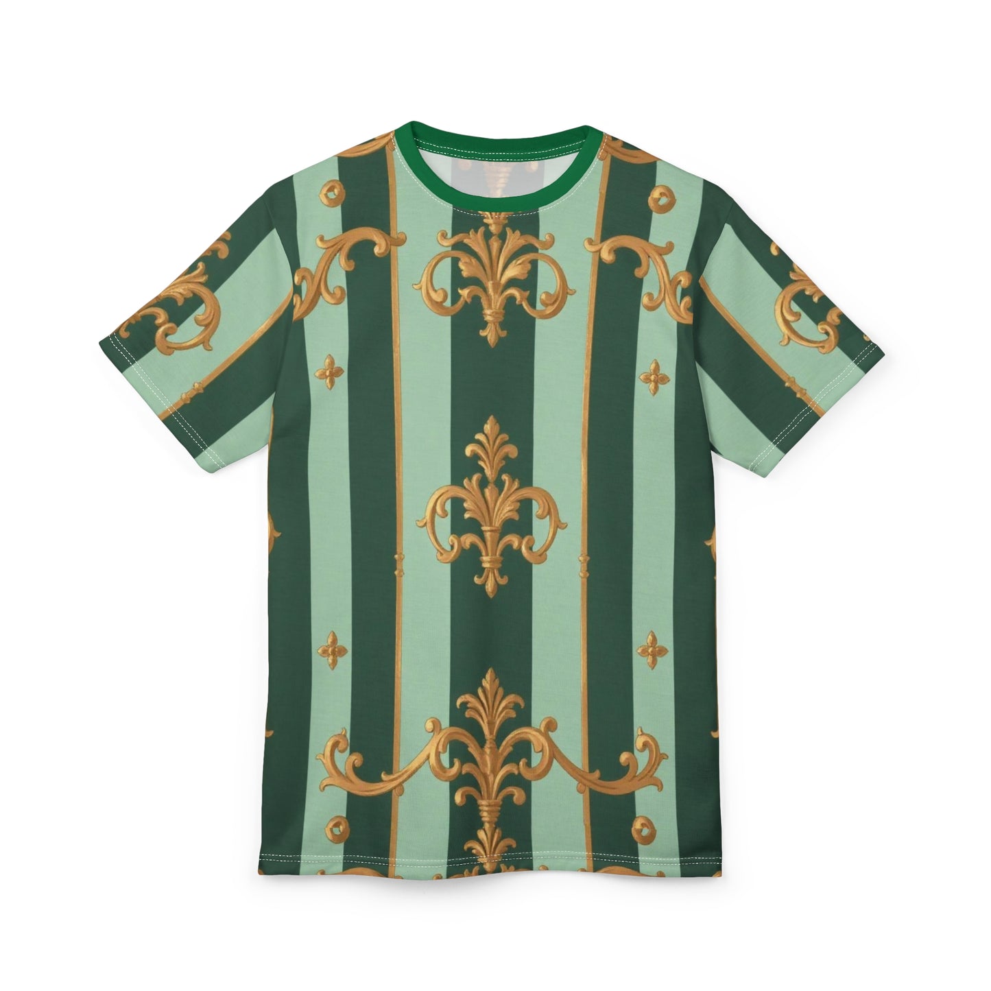 Chic Unisex Cut & Sew Tee, Trendy Graphic Tee, Floral Print Shirt, Unique Fashion Top, Gift for Her/Him - Mint Green & Teal Striped Gold Baroque