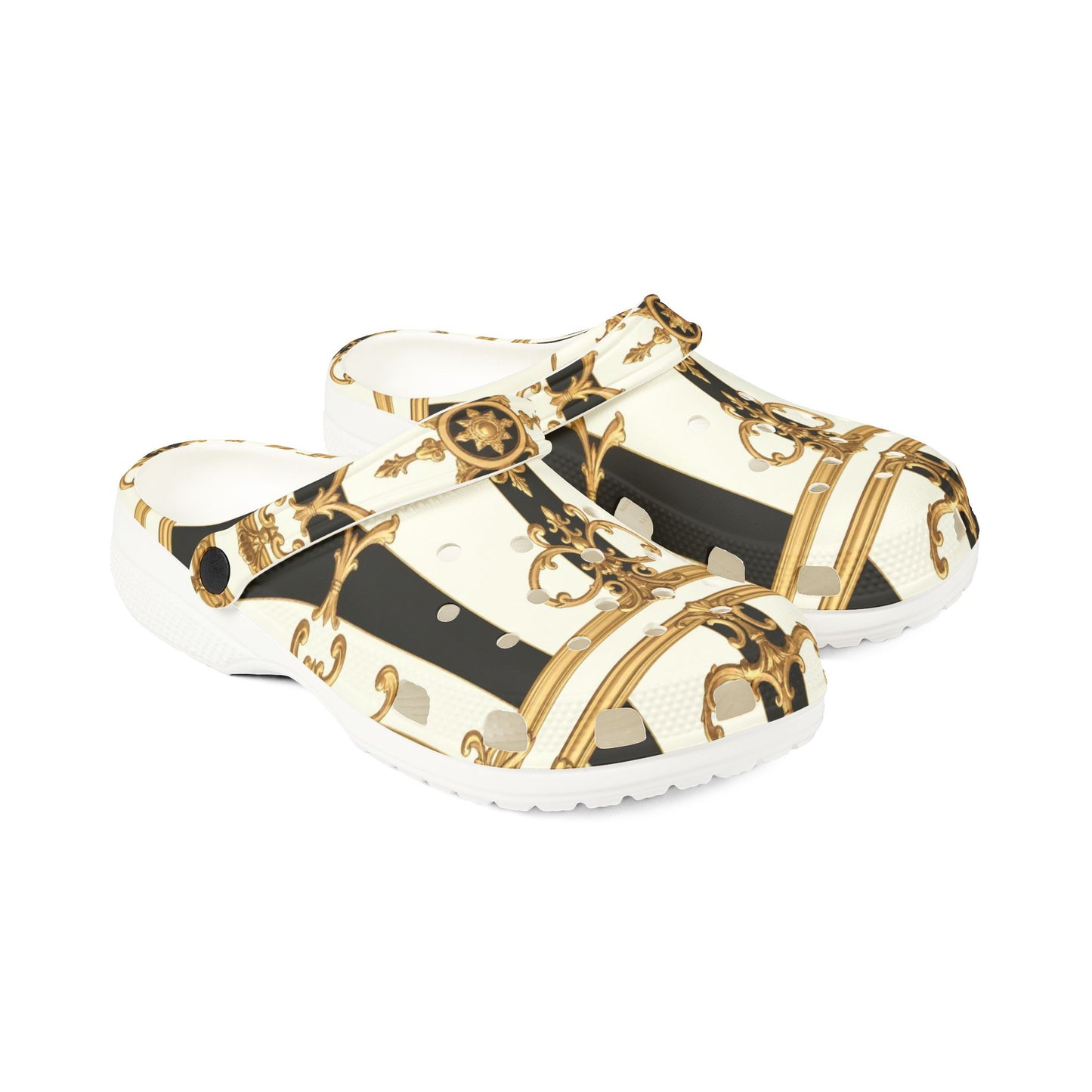 Chic EVA Foam Rubber Clogs, Stylish Gardening Shoes, Unique Pattern Slippers, Trendy Indoor/Outdoor Footwear - Black & White Striped Gold Baroque