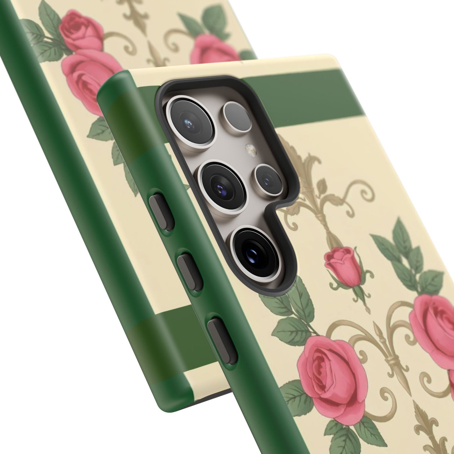 Elegant Floral Motif Phone Case - Tough Cases with Vintage Design - Green Border Roses & Damask
