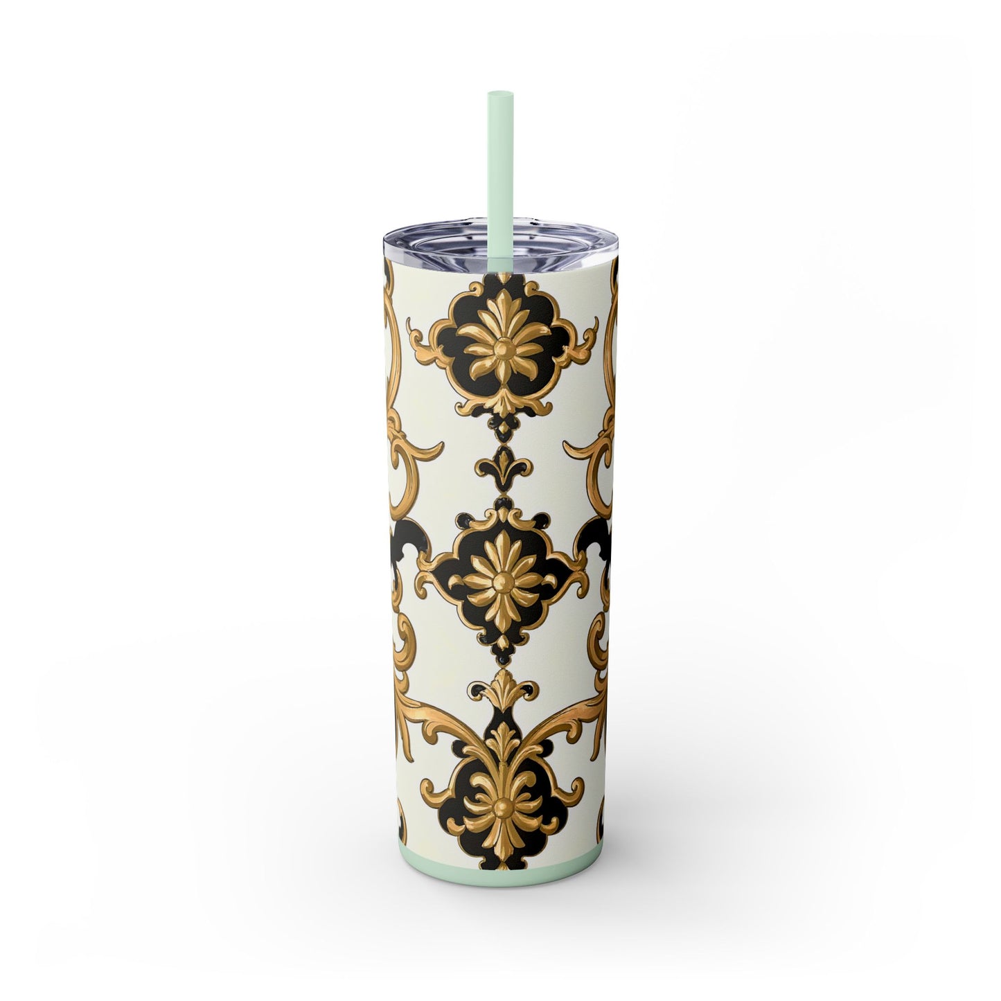 Elegant Gold Floral Skinny Tumbler, 20oz | Insulated Cup for Hot & Cold Drinks, Travel Mug, Gift for Mom, Stylish Drinkware - Black & Gold Rococo