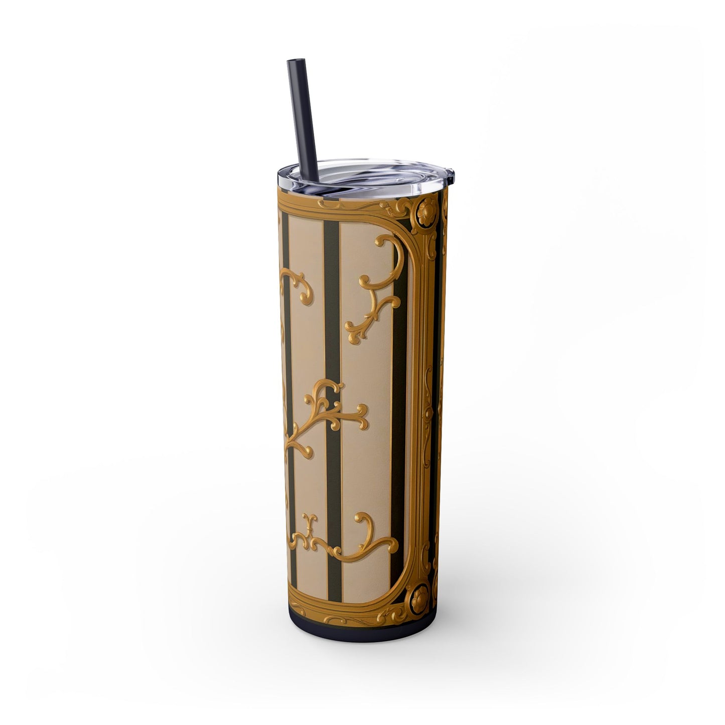 Skinny Tumbler with Straw, 20oz - Beige Striped Gold Rococo
