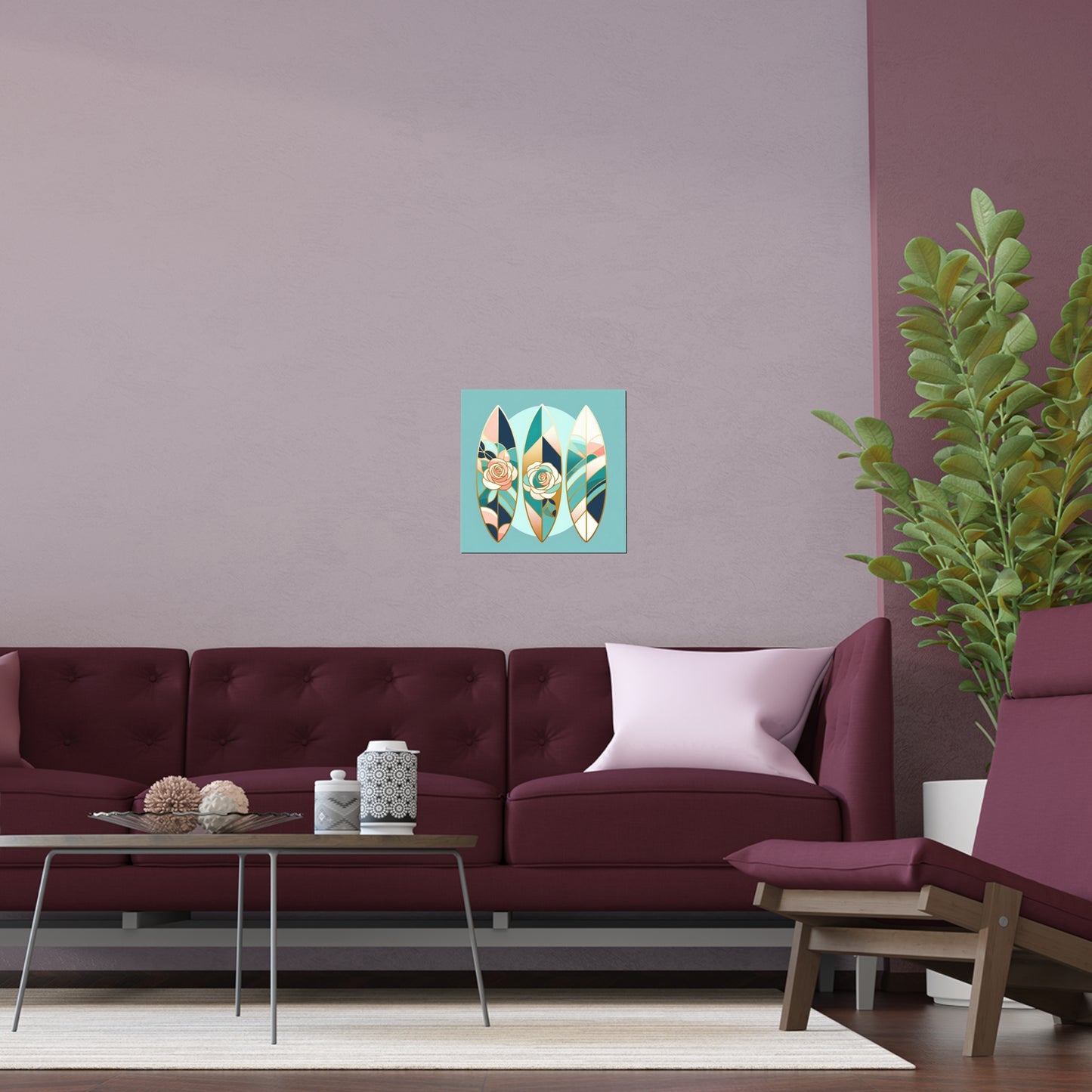 Elegant Floral Silk Poster - Indoor/Outdoor Wall Art for Home Decor - Blue, Pink & Aqua Surfboard & Roses