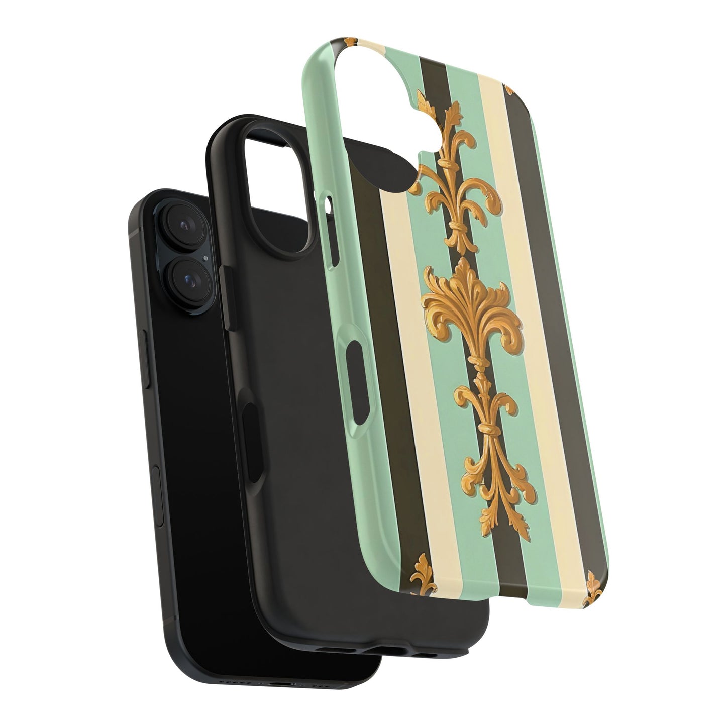 Elegant Floral Tough Phone Cases - Stylish Protection for All Occasions, Gifts for Her, Phone Covers - Black & Matte Mint Striped Rococo