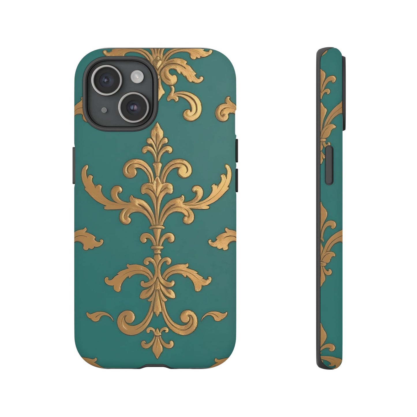 Elegant Floral Motif Phone Case - Tough Cases with Vintage Design - Aqua & Gold Damask
