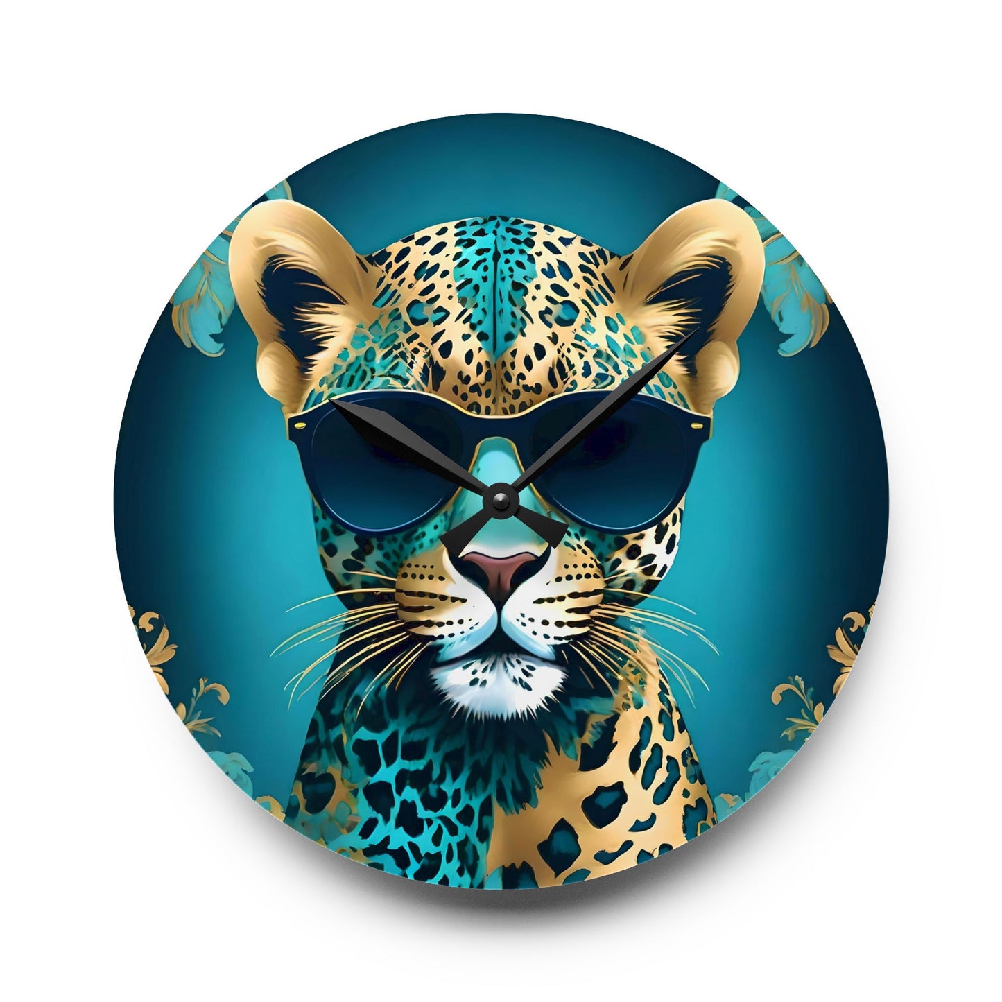 Animal Lover Wall Clock - Aqua & Gold Leopard In Shades - Fun & Elegant Art Design