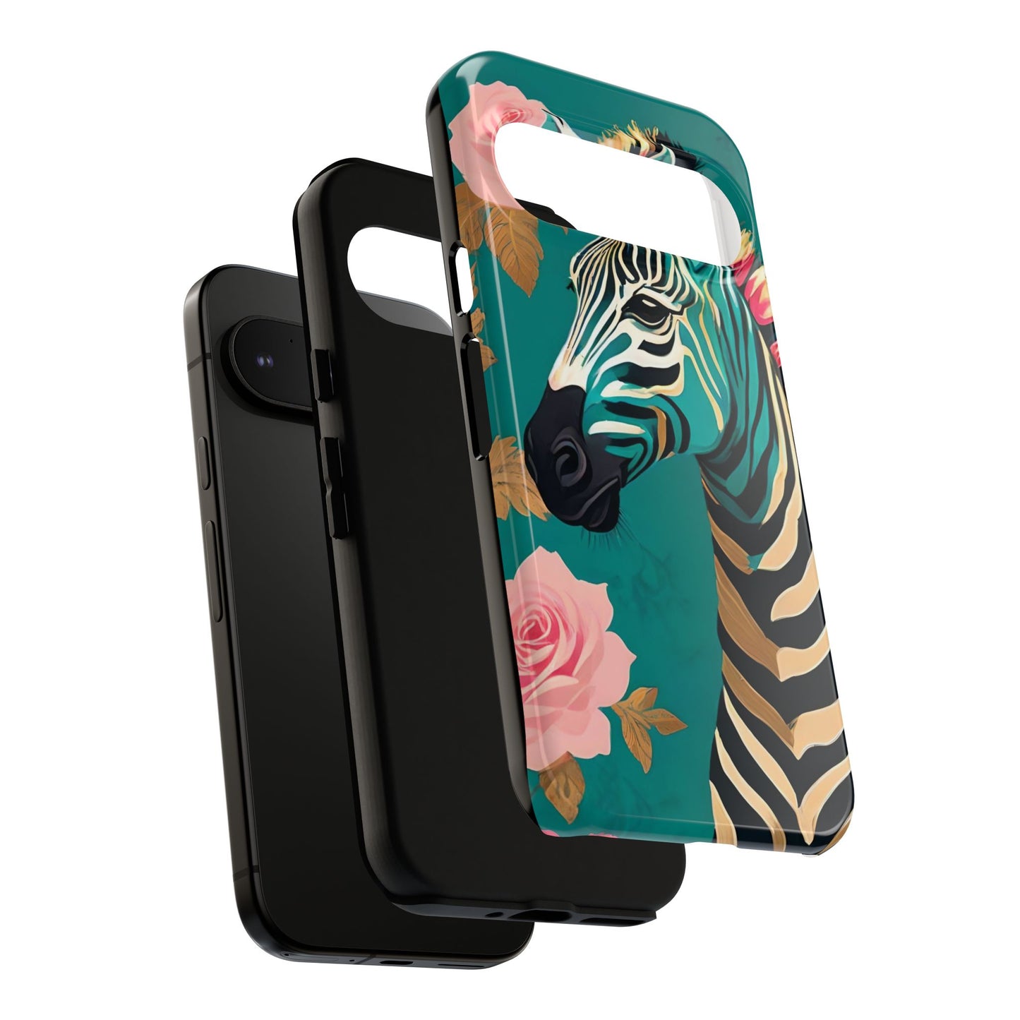 Phone Case - Elegant Teal & Gold Zebra & Roses Design