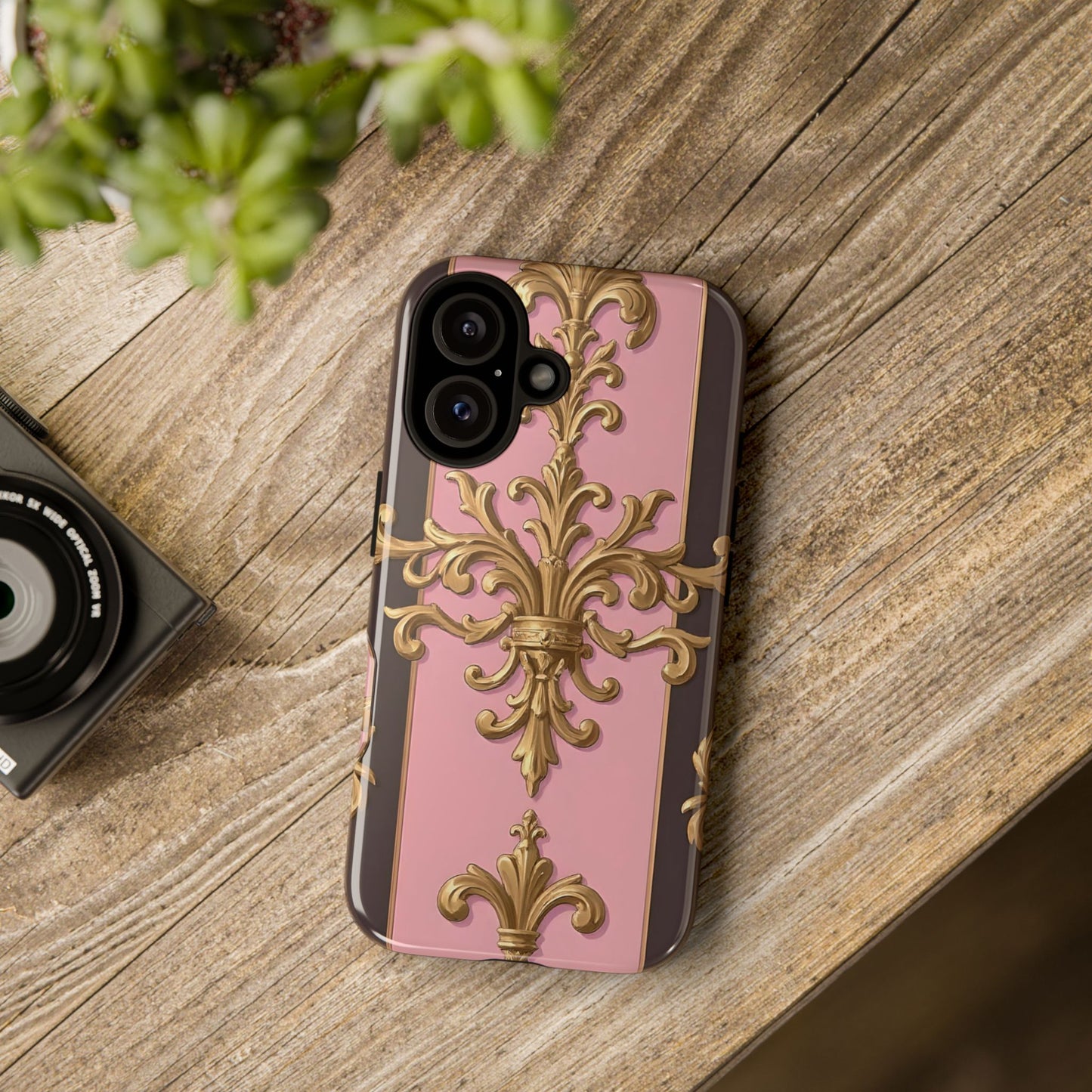 Elegant Floral Motif Phone Case - Tough Cases with Vintage Design - Pink & Brown Striped Gold Damask
