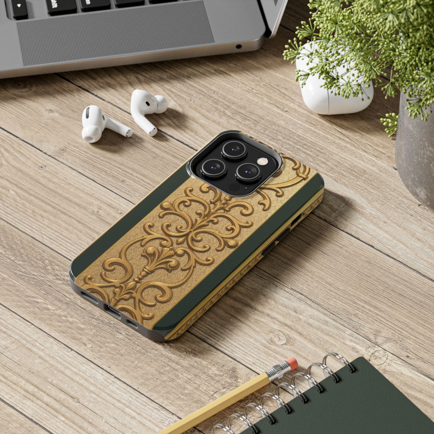 Elegant Teal Striped Gold Baroque Vintage Phone Case, Durable Cell Phone Cover, Floral Phone Protection, Personalized Gift Idea