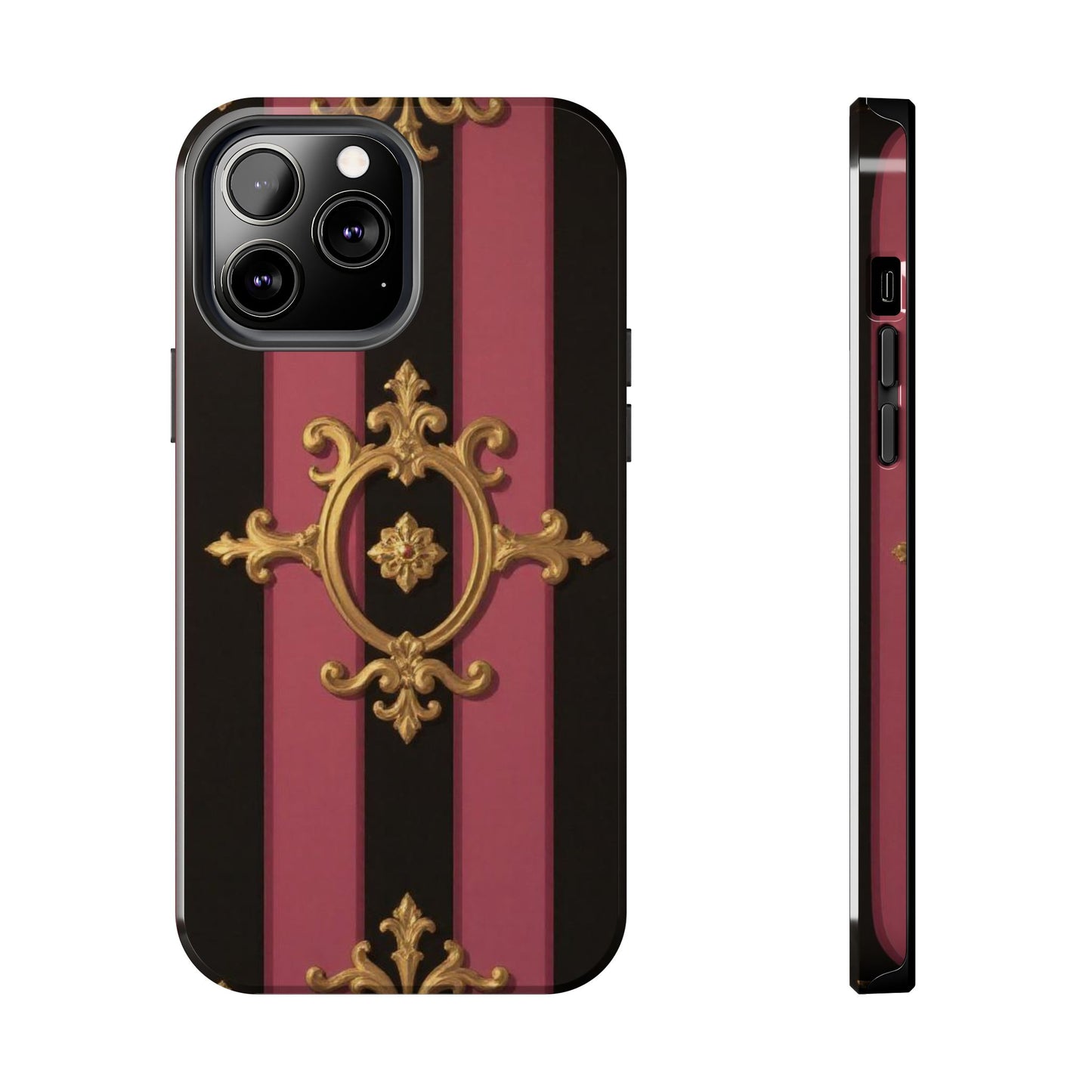 Elegant Black & Mauve Striped Gold Baroque Tough Phone Cases, Luxe Phone Covers, Fashionable Mobile Cases, Gift for Her, Holiday Phone Accessories