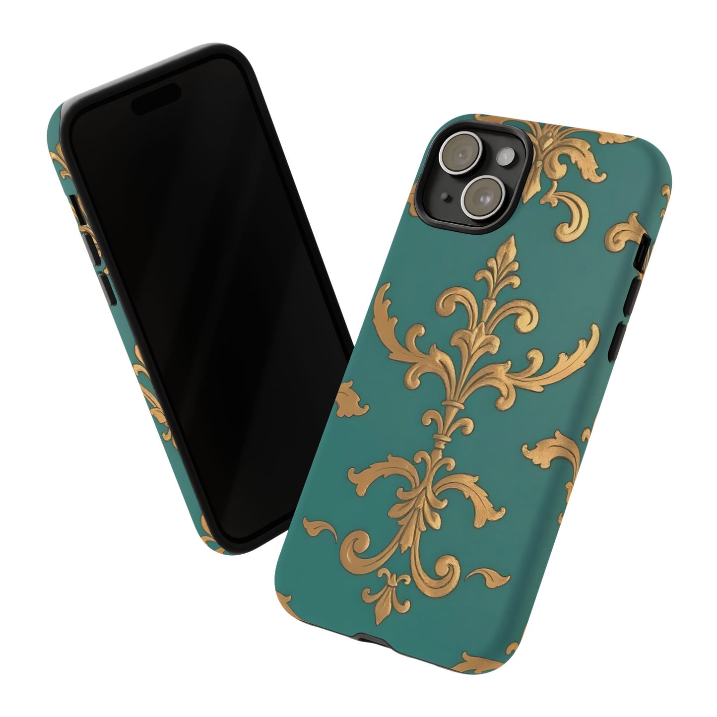 Elegant Floral Motif Phone Case - Tough Cases with Vintage Design - Aqua & Gold Damask