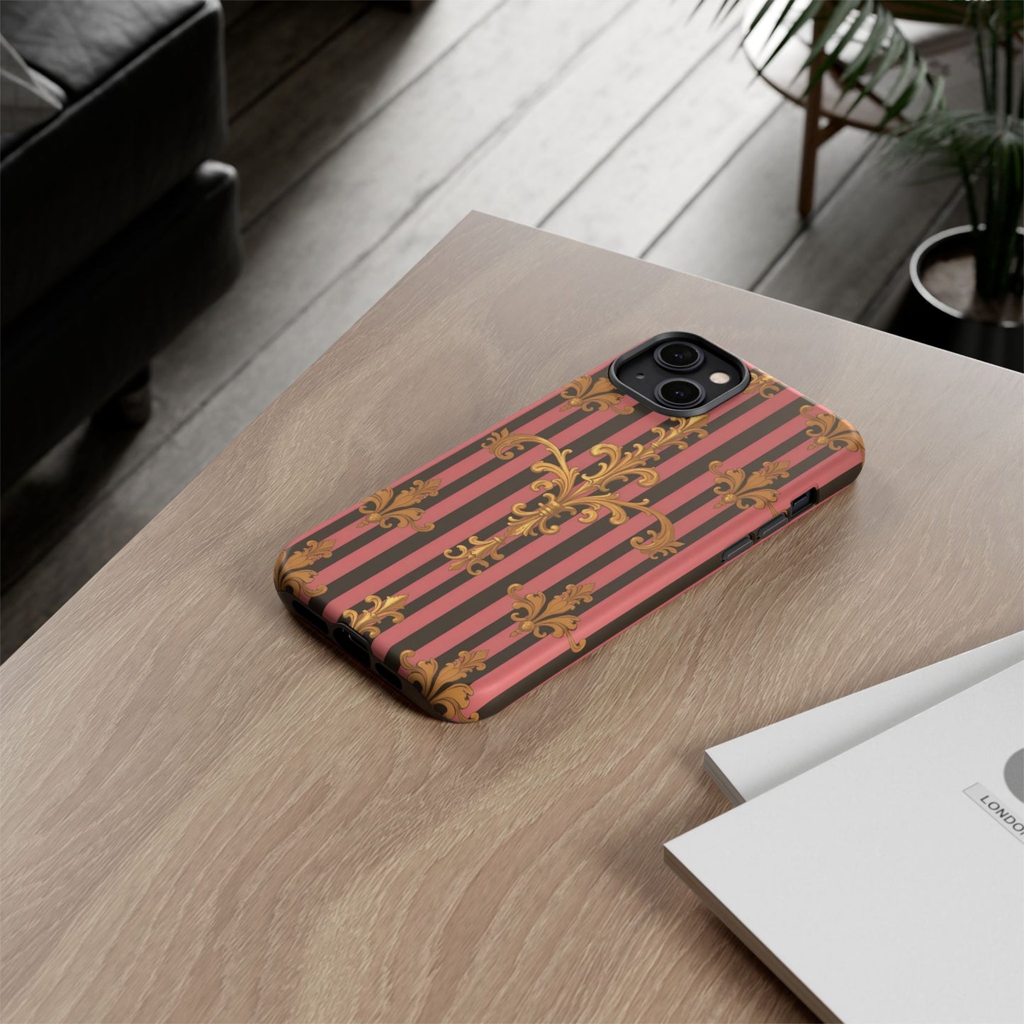 Elegant Floral Motif Phone Case - Tough Cases with Vintage Design - Mauve Striped Gold Damask
