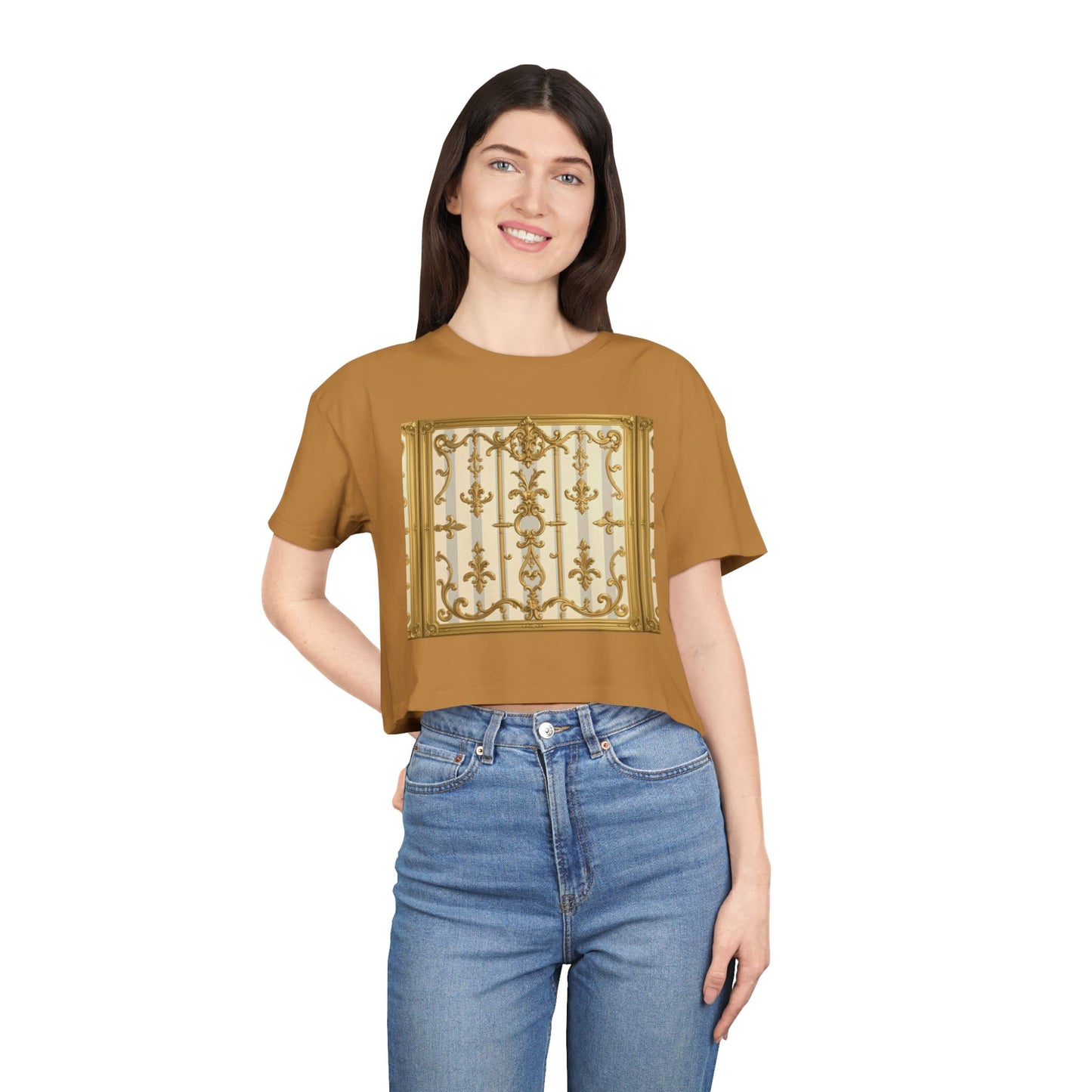 Elegant Vintage Women's Crop Tee, Stylish Oversized Top, Casual Summer Shirt, Trendy Women's Apparel - Matte Gray & Cream Striped Gold Baroque