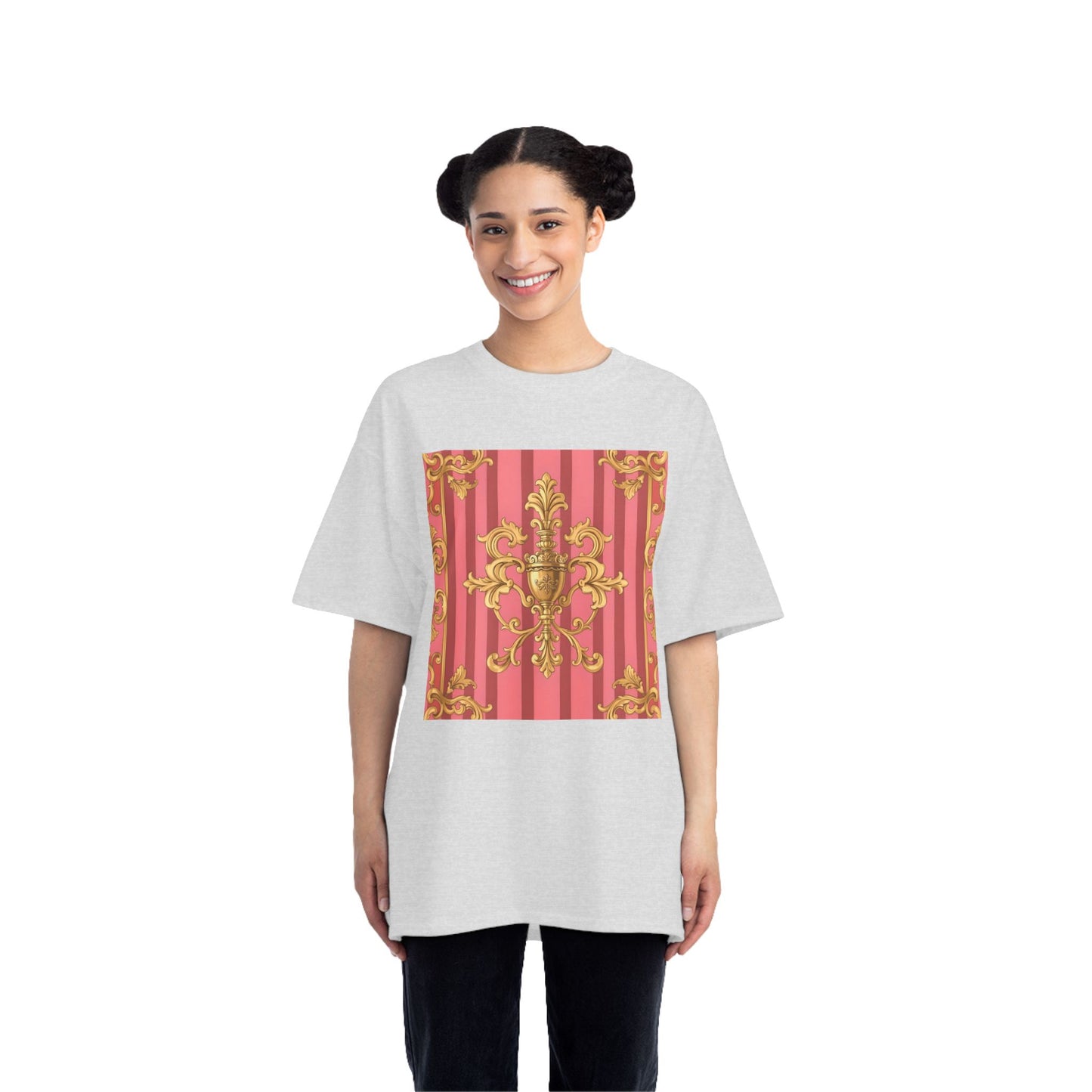 Chic Vintage Style Short-Sleeve T-Shirt - Elegant Baroque Design | Fashion Top, Gift for Her, Casual Wear - Pink Striped Gold Baroque
