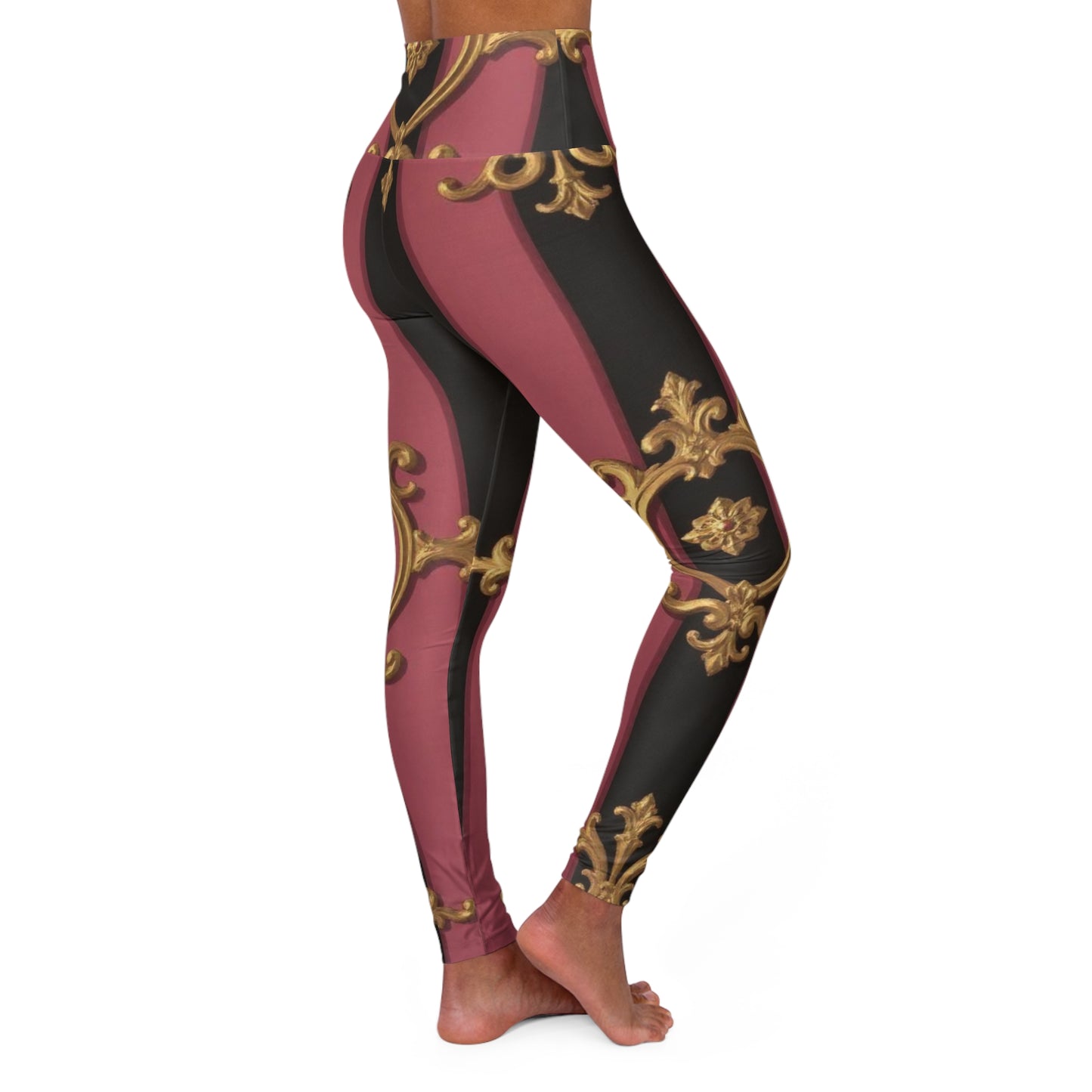 Elegant Black & Mauve Striped Gold Baroque High Waisted Yoga Leggings, Stylish Workout Leggings, Fashionable Athletic Wear