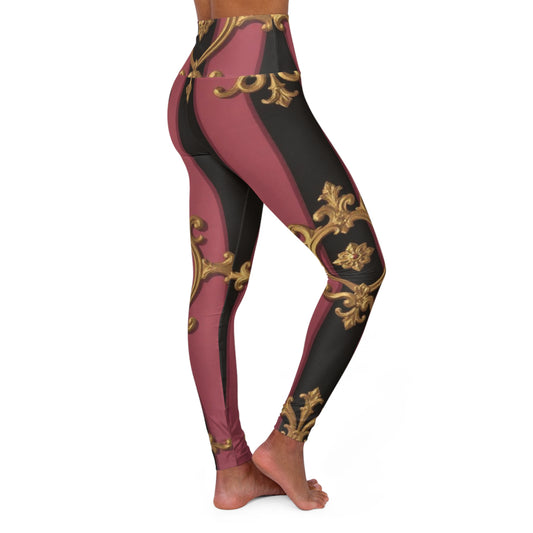 Elegant Black & Mauve Striped Gold Baroque High Waisted Yoga Leggings, Stylish Workout Leggings, Fashionable Athletic Wear