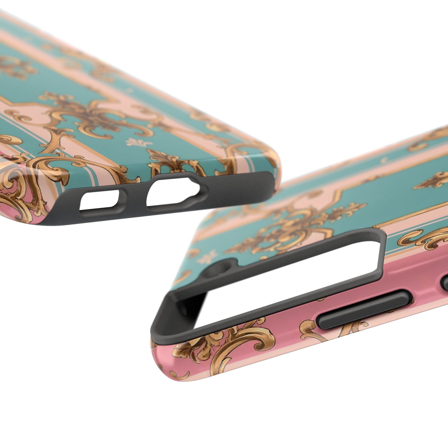 Elegant Floral Tough Phone Case, Artistic Phone Cover, Gift for Her, Chic Phone Accessory - Pink & Matte Turquoise Striped Rococo