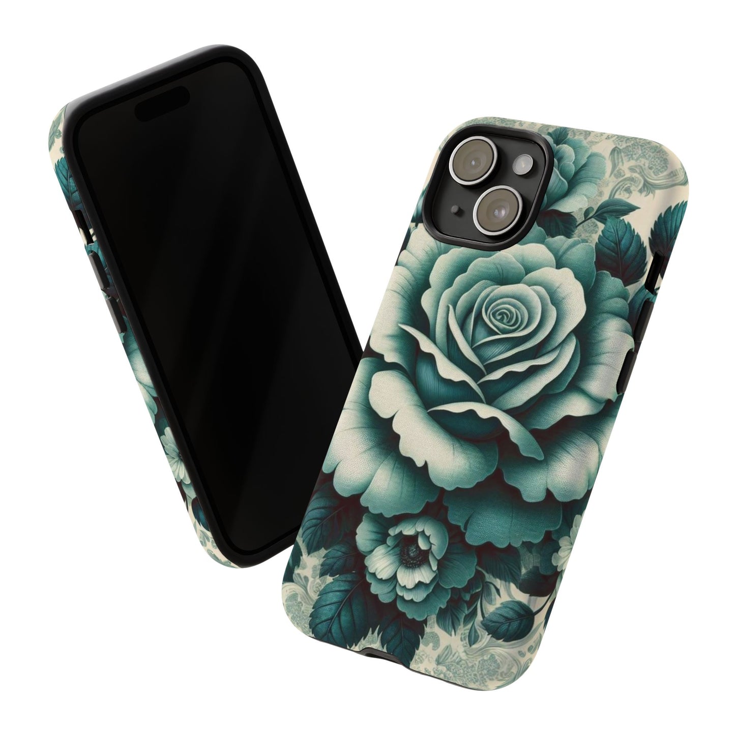 Elegant Floral Motif Phone Case - Tough Cases with Vintage Design - Teal Roses & Damask