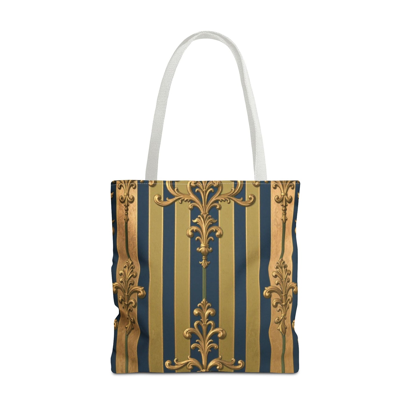 Elegant Midnight Blue & Olive Striped Gold Baroque Golden Striped Tote Bag, Stylish Shopping Bag, Trendy Handbag, Chic Gift for Her