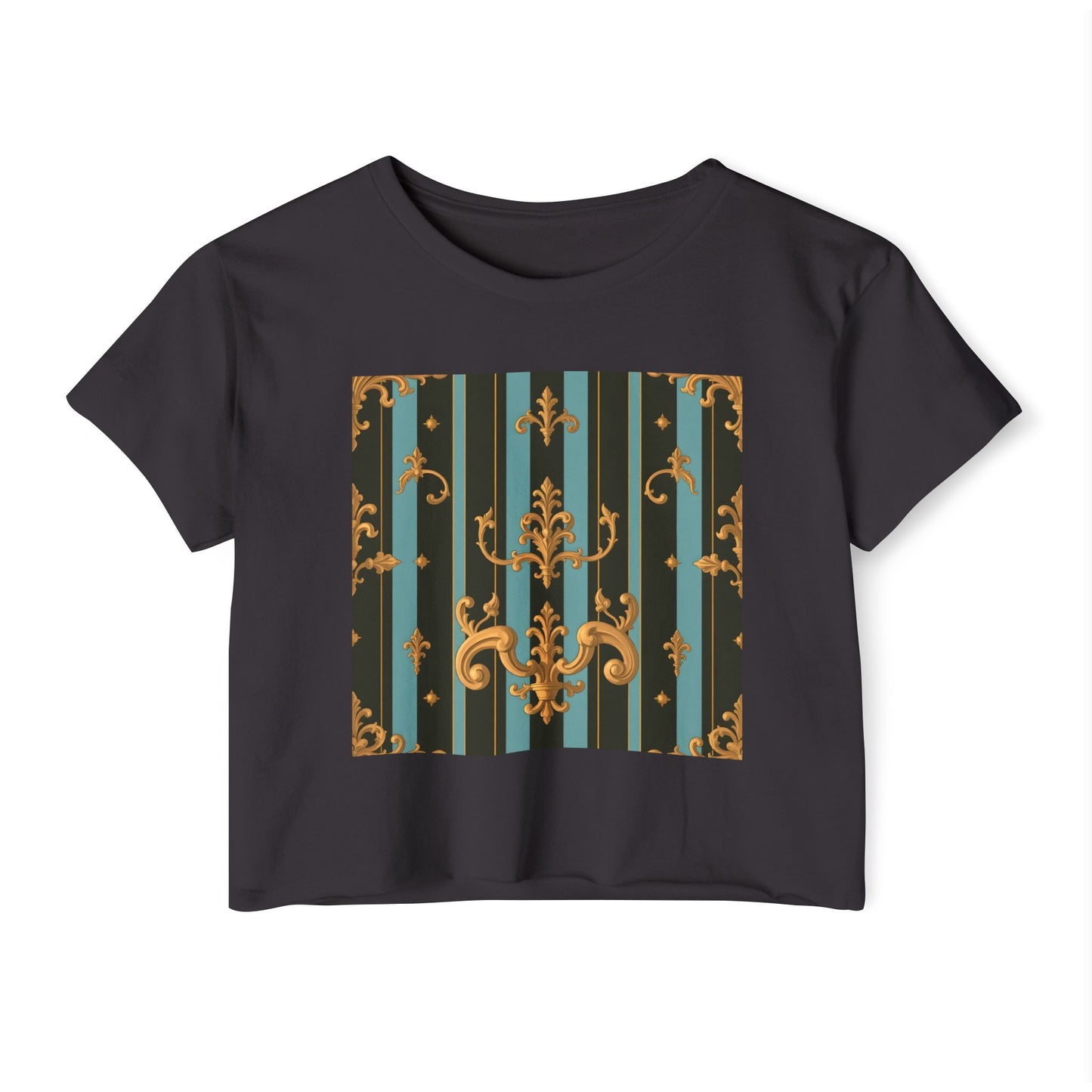 Boho Festival Crop Top, Trendy Summer Top, Stylish Women’s Crop Tee, Perfect for Music Festivals, Casual Wear - Black & Turquoise Striped Baroque