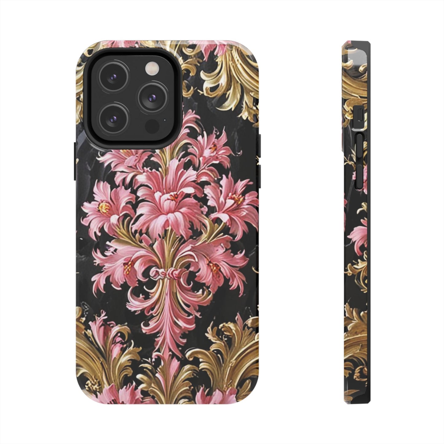 Elegant Floral Tough Phone Cases | Stylish Protection for Her | Gift for Birthdays - Black & Pink Oil Painting Style Rococo