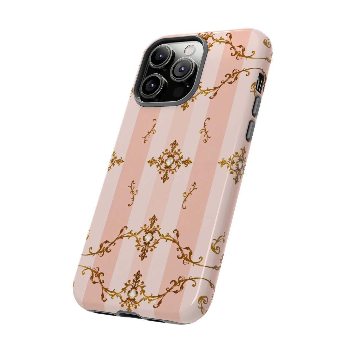Elegant Floral Phone Case, Tough Cases for Women, Trendy Phone Cover, Chic Gift - Pink Jeweled Striped Gold Baroque