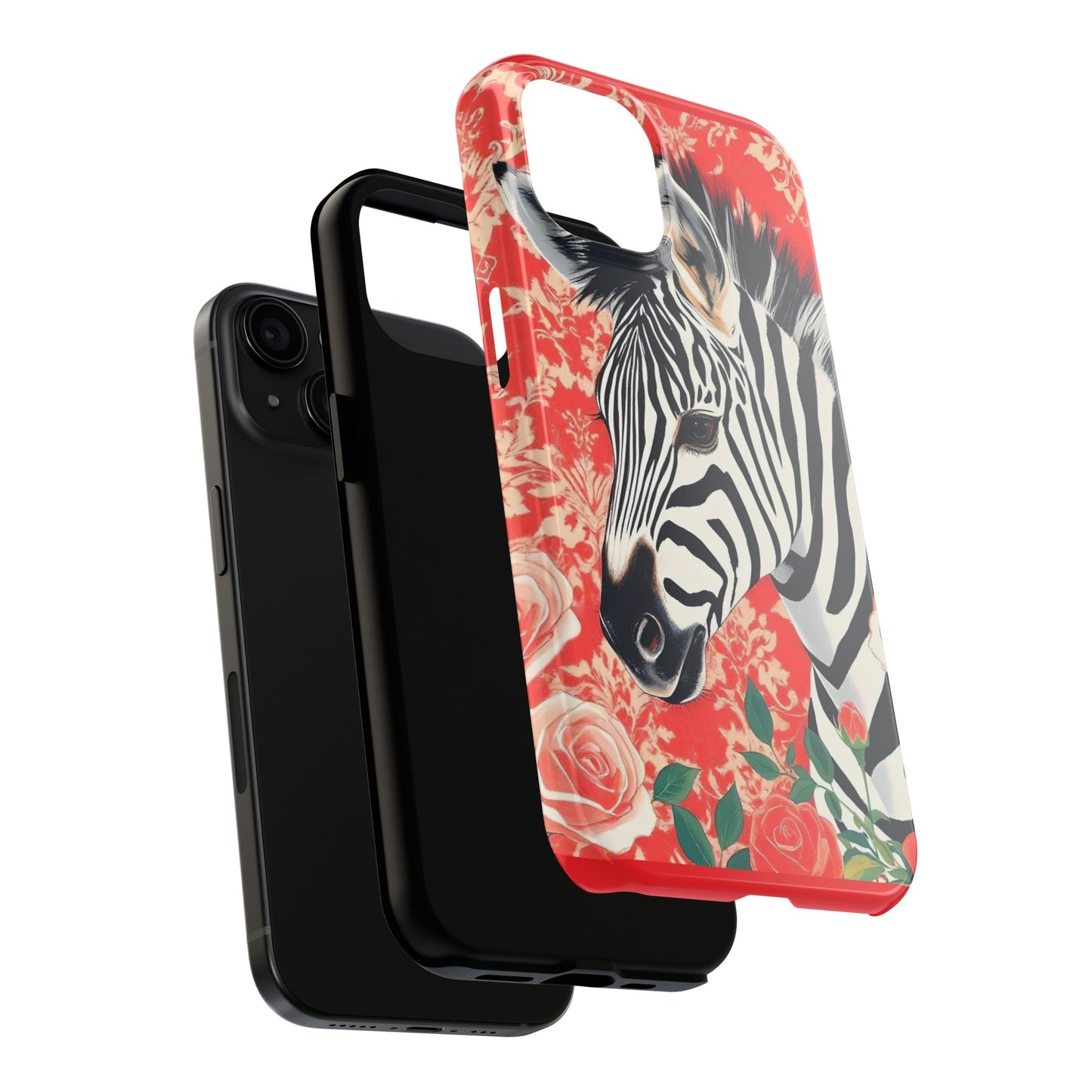 Zebra Tough Phone Case - Trendy Floral Design for Animal Lovers - Zebra With Coral Roses & Damask