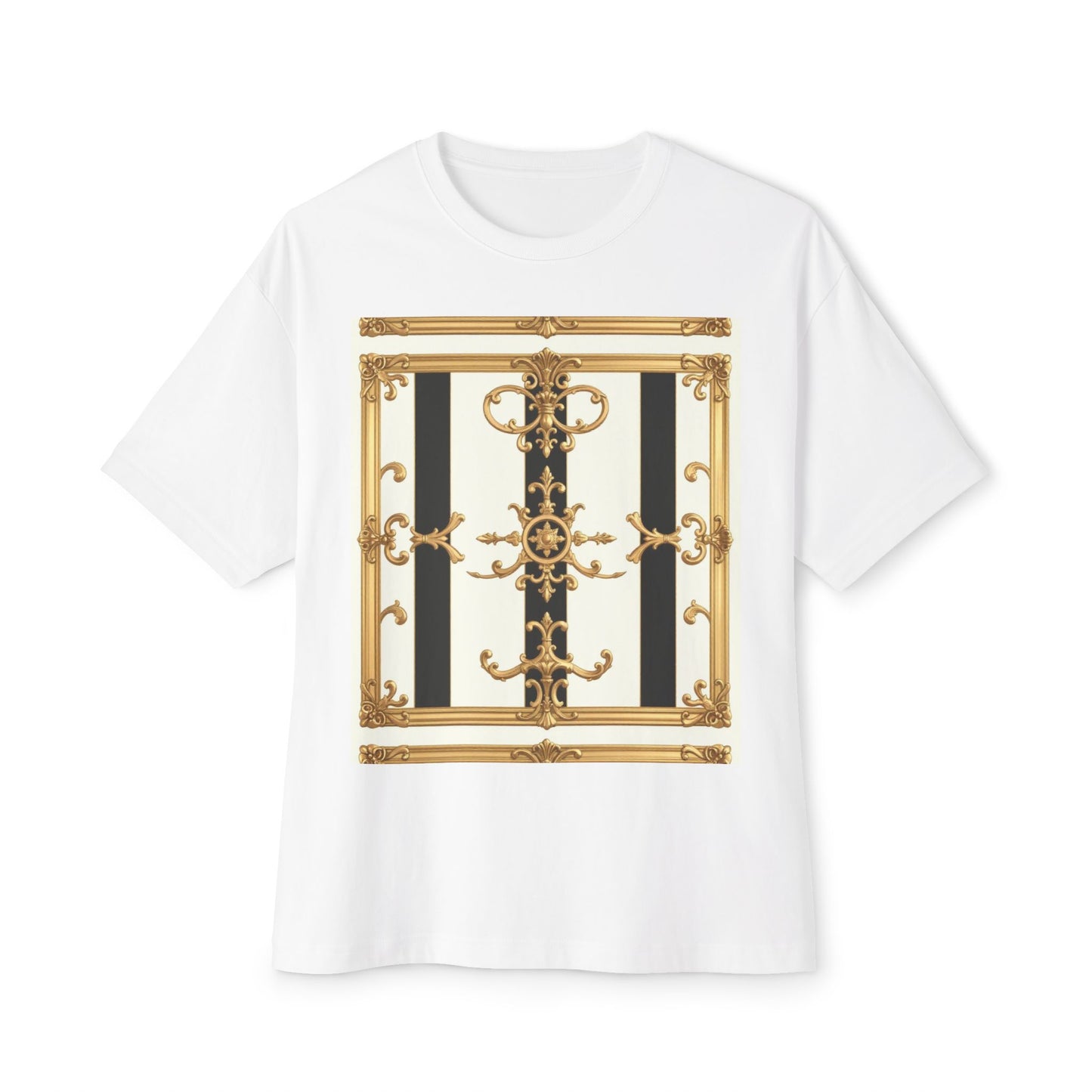 Chic Oversized Boxy Tee with Elegant Gold Design, Fashion T-Shirt, Streetwear Top, Casual Wear - Black & White Striped Gold Baroque
